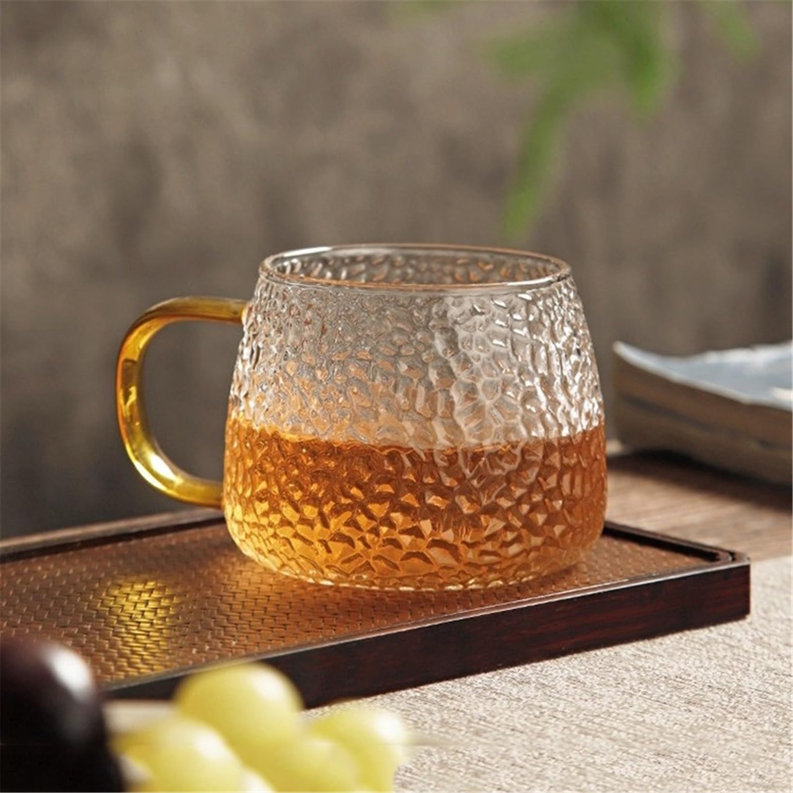Kaffeetassen aus gehämmertem Glas, 13,5 oz klare strukturierte Glasbecher mit Henkel for Zuhause, Büro und Cafés