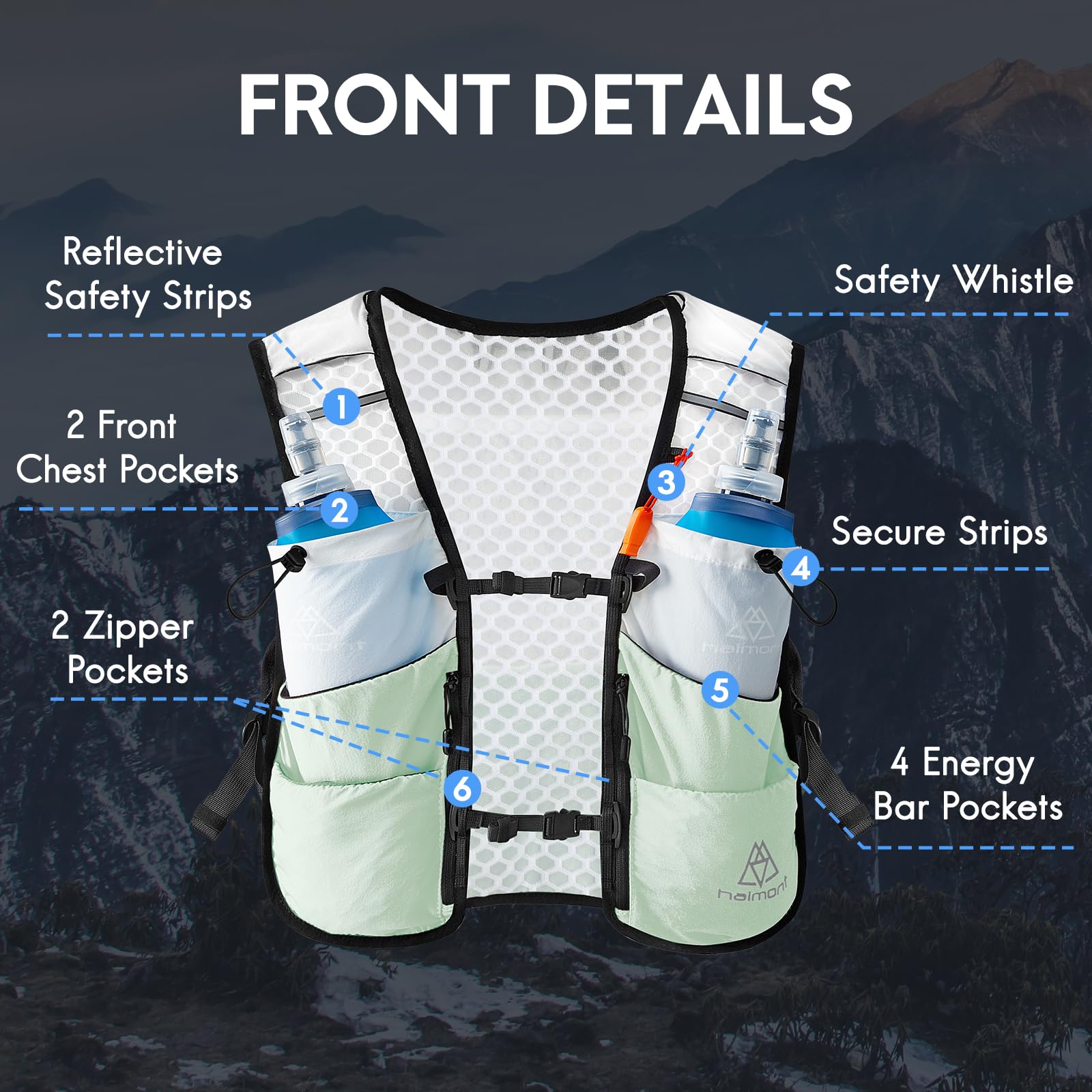 Haimont Sac à dos d'hydratation ultra léger - Avec 2 bouteilles d'eau souples de 500 ml - Pour la course, la randonnée, les coureurs