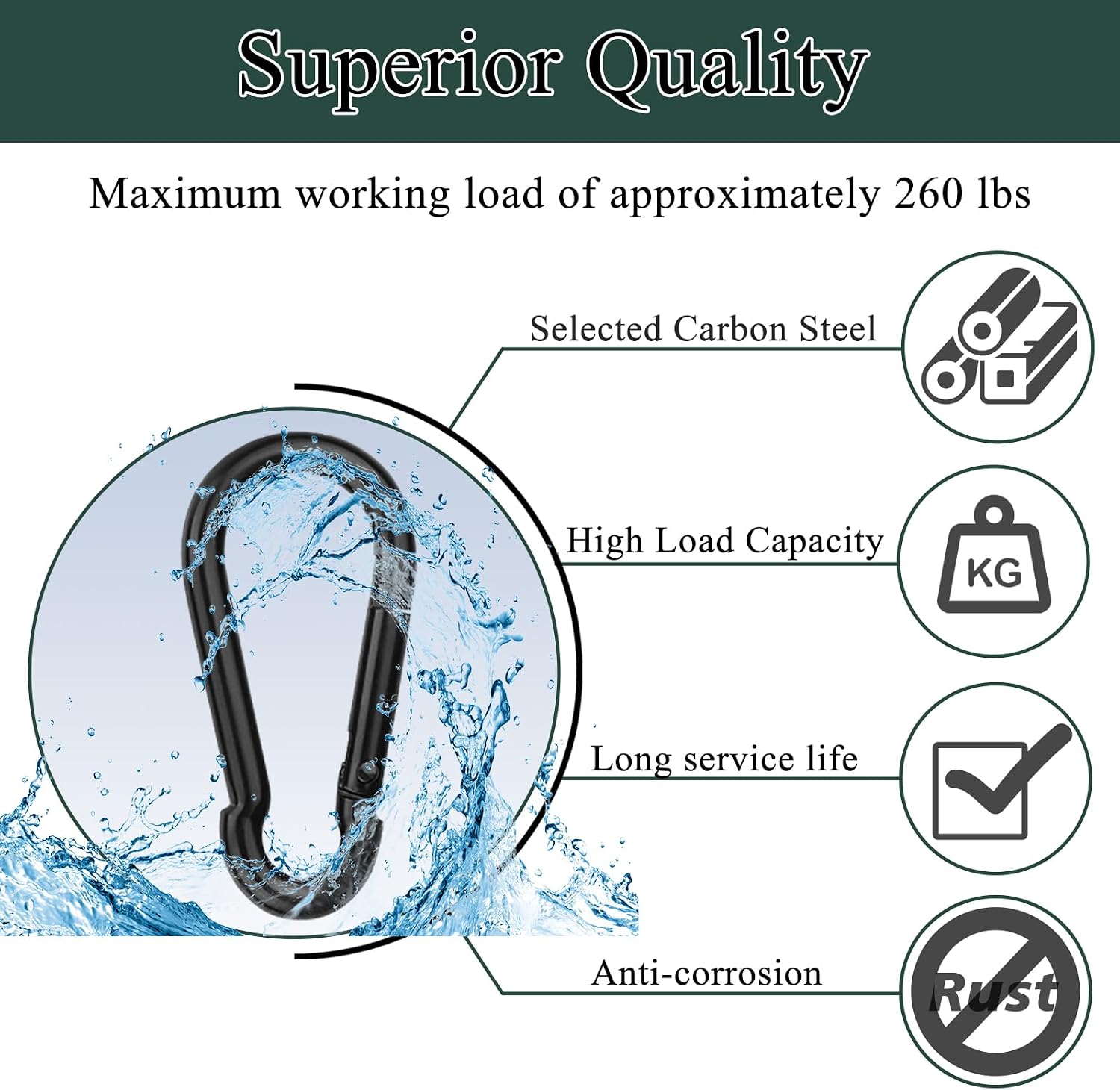 Spring Snap Hook Carabiners, Carabiner Clip, Heavy Duty Galvanized Steel Spring Clip, Quick Link Key Chain for Swing Hammock Gym Outdoor, Holding Capacity image 3