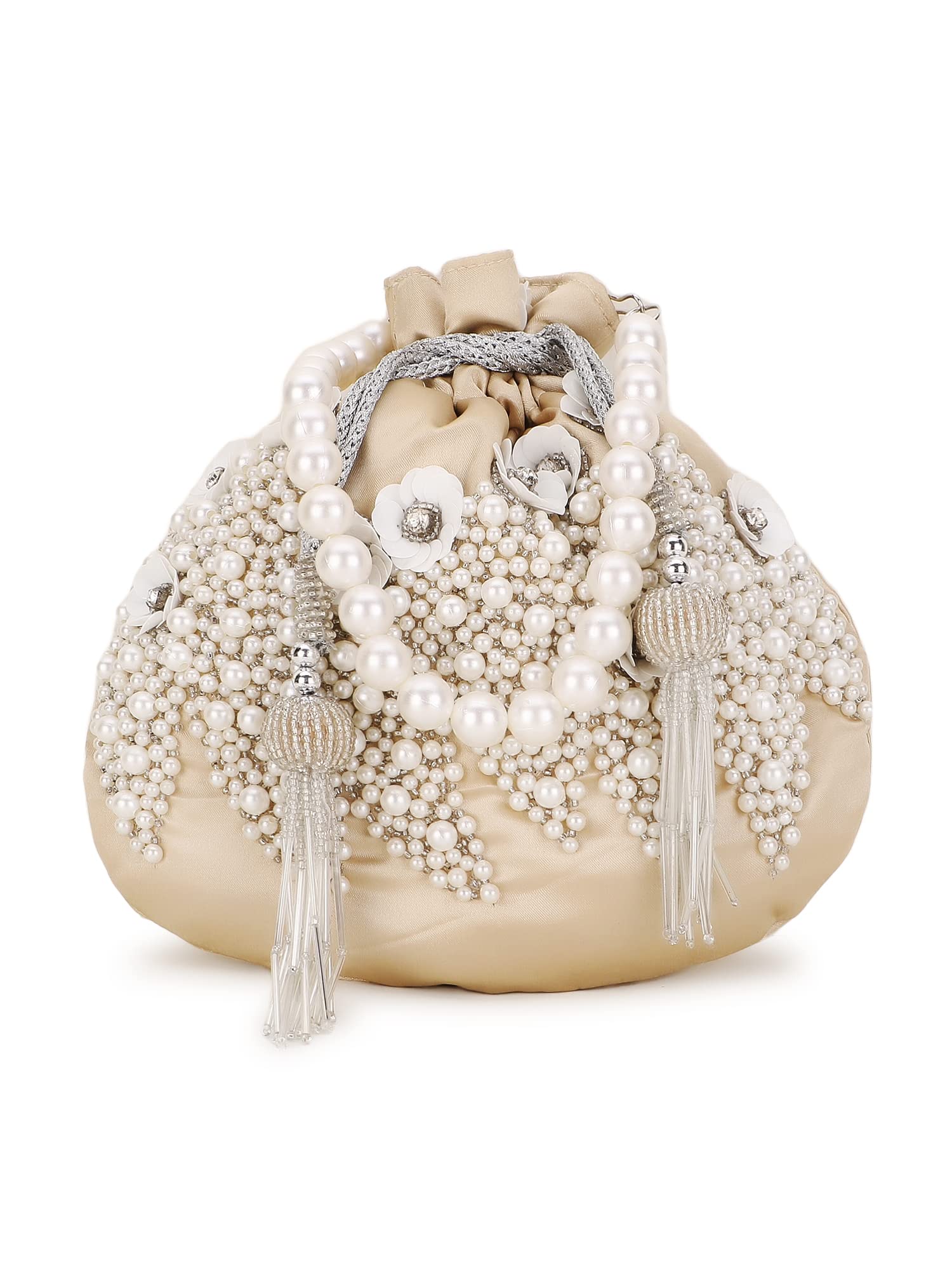 Dangle Cream & White Floral Embellished Satin Potli-image-16