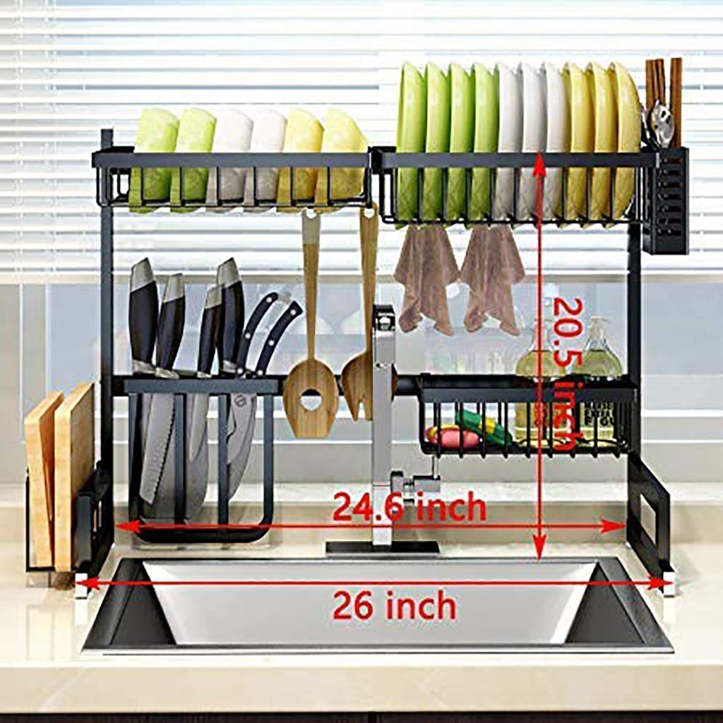 Soporte de flores para secar platos sobre fregadero, estante escurridor para suministros de cocina, organizador de utensilios de cocina, soporte de exhibición de acero inoxidable, estante negro