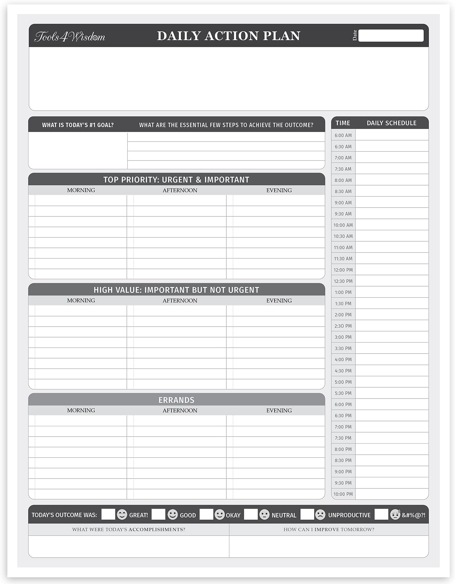 Tools4Wisdom Daily Planner Planning Pad - 8.5 x 11" Inch Desk Pad - 50 To Do List Sheets - Personal, Business and Academic Planner - Model PadO1 - Compatible with Tools4Wisdom Leather Folio Accessory