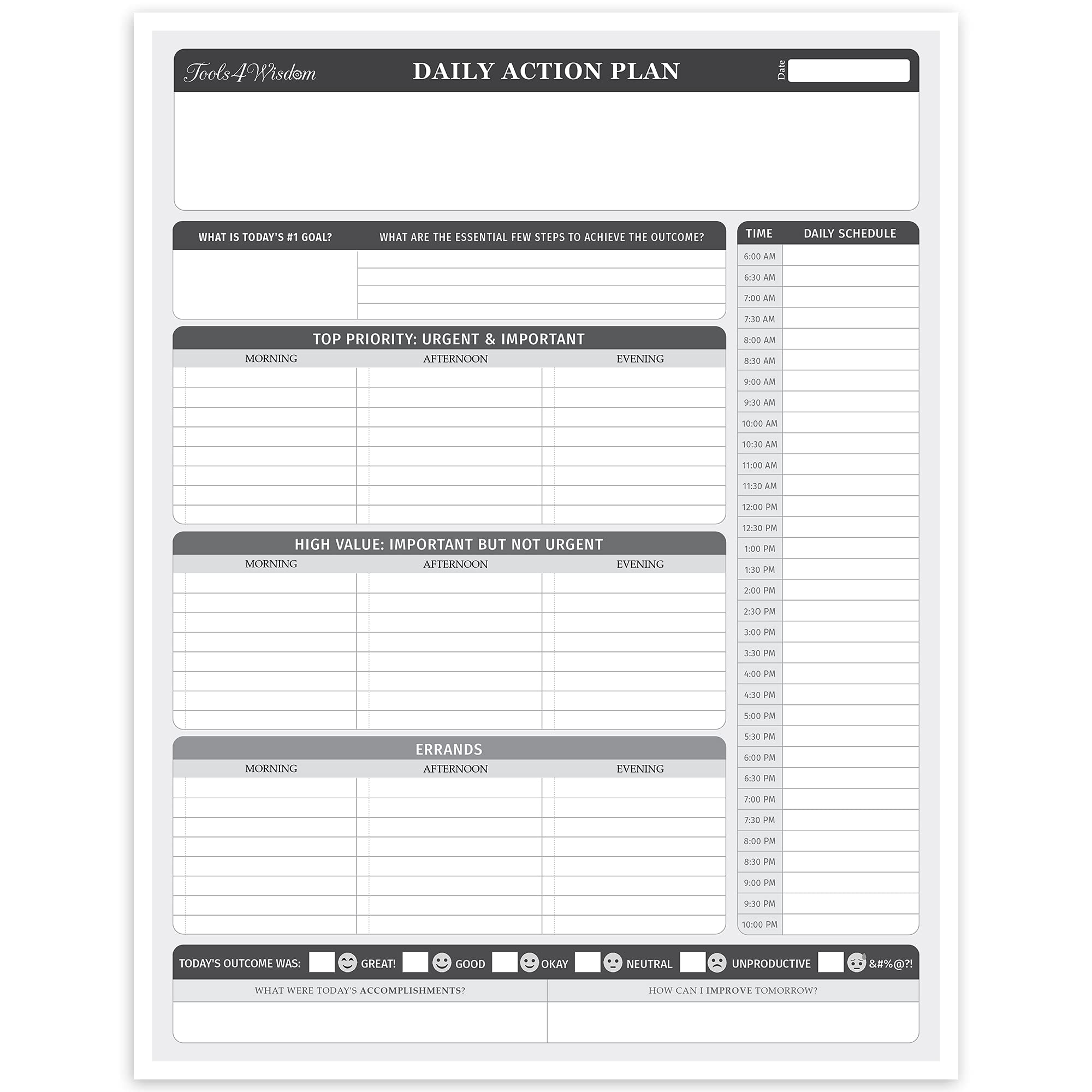 Tools4Wisdom Daily Planner Planning Pad - 8.5 x 11" Inch Desk Pad - 50 To Do List Sheets - Personal, Business and Academic Planner - Model PadO1 - Compatible with Tools4Wisdom Leather Folio Accessory