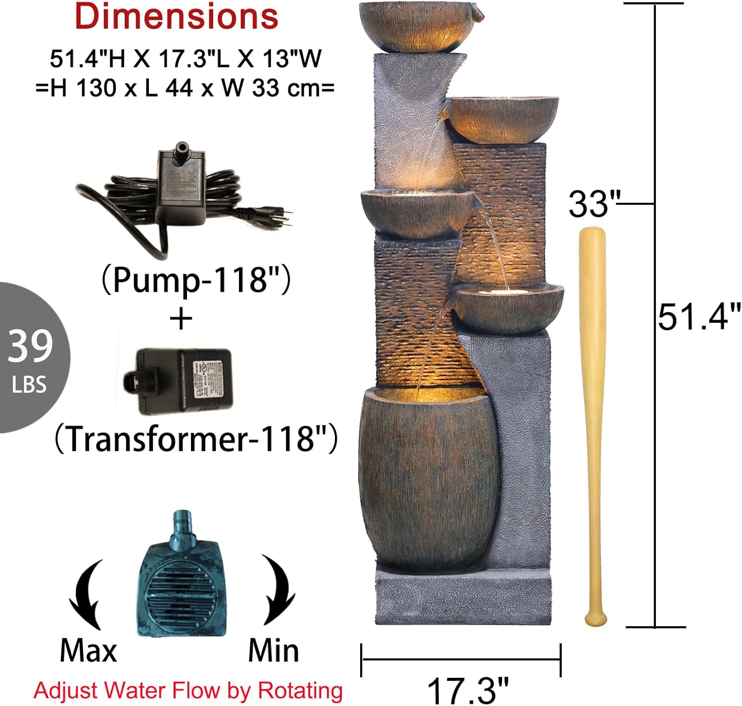Outdoor Water Fountain - 51.4 Inches 5 Tired Modern Indoor Floor Standing Outdoors Fountains with Lights Pump for Garden Patio Backyard Porch Home Art Decor