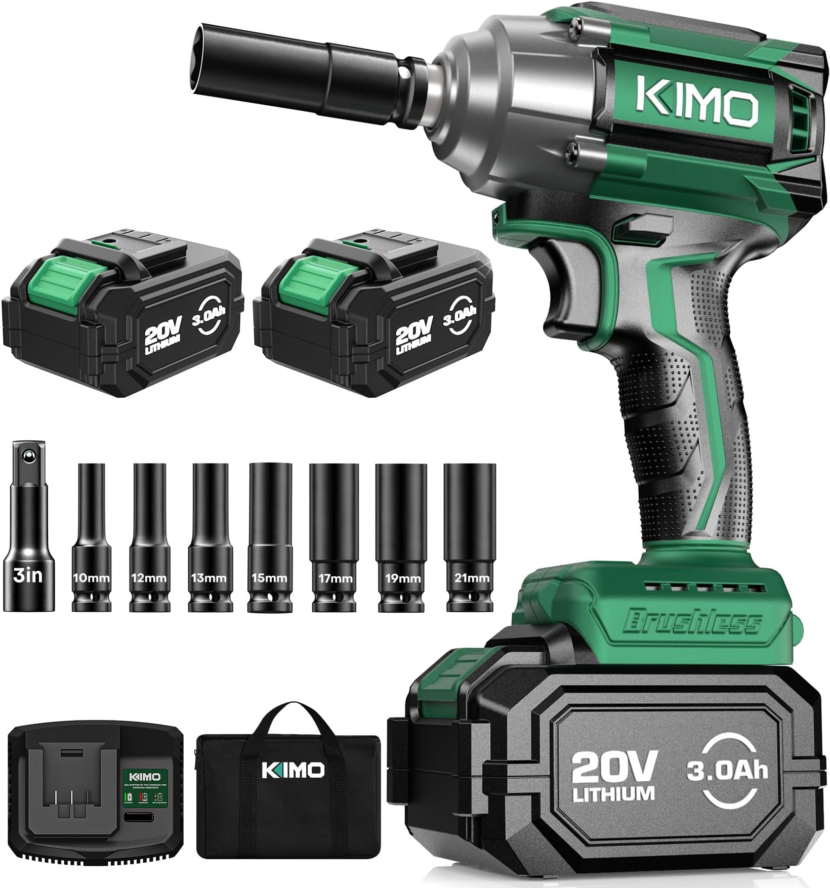 KIMO Impact Wrench 1/2 Cordless,550N.m/406ft-lbs Max Torque & 3000RPM, 2x20V 3.0Ah Battery, Impact Gun with 7 Drive Impact Sockets, 3 Inch Extension Bar, 1 Hour Fast Charger Impact Drill for Car Tires