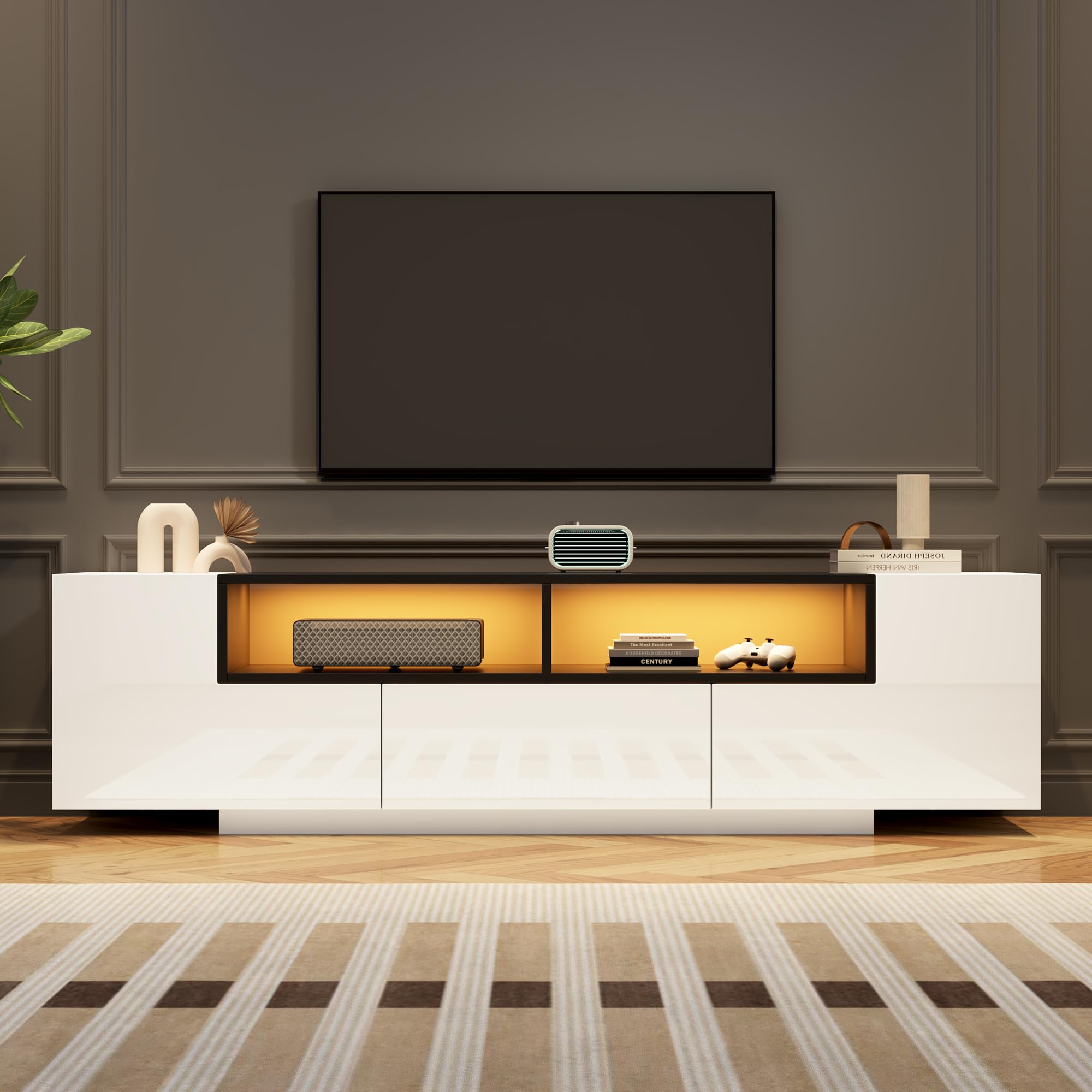 Meuble TV avec Lumières LED et Tiroirs, Armoire de Télévision avec 2 Portes Form L et Espace de Rangement Ouvert, Meuble Télé de Salon, Armoire Basse Salle de Séjour Intérieur (Blanc-4W)