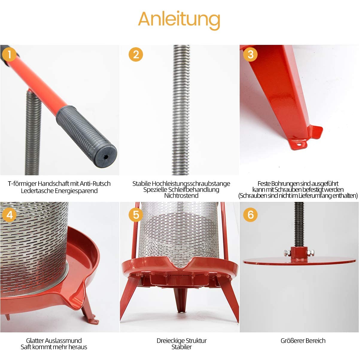 9L Spindel Obstpresse Apfelpresse Fruchtpresse aus Edelstahl mit T-Griff für Selbst Gemachten Natürlichen Saft, Traube, Beere, Apfel, Fruchtpresse Weinpresse