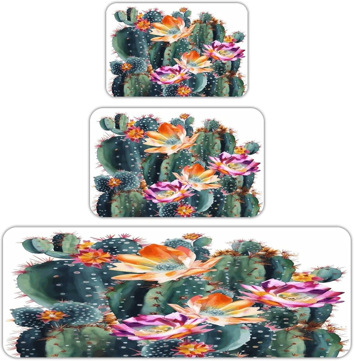 Blooming Cactus 3-Piece Kitchen Rug Indoor Door Mat | Non-Slip Kitchen Mat for Profile Absorbent, Moisture-Wicking and Breathable for Bathroom Laundry Room Bedroom Home Decor