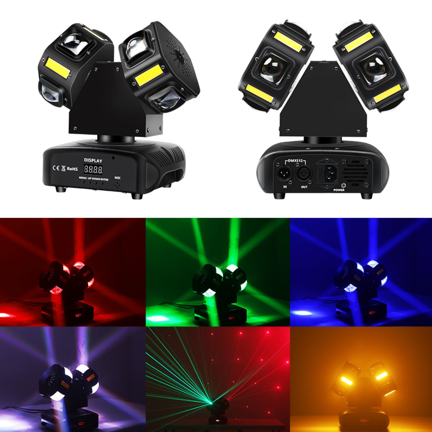 MFL. Lampe DJ à tête mobile, mini double tête 10 LED RGBW, 10 LED stroboscopiques dorées activées par le son DMX 512, lumières de scène pour DJ, karaoké, discothèque, fête noire