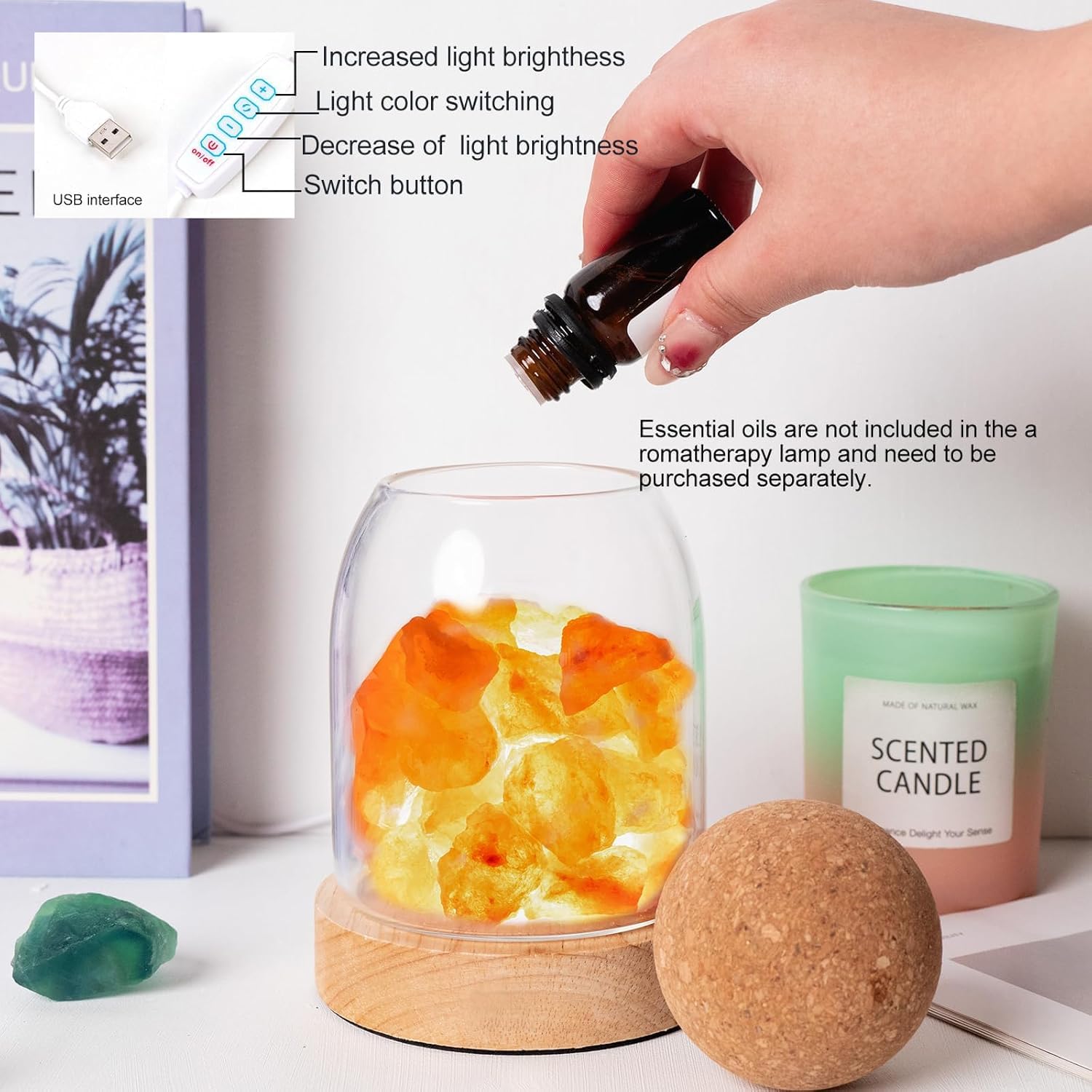 Lampka nocna z kryształu soli, naturalny dyfuzor zapachowy, port USB, 3 tryby kolorów, możliwość ściemniania, dekoracja do sypialni, biura, spa wellness i relaksu