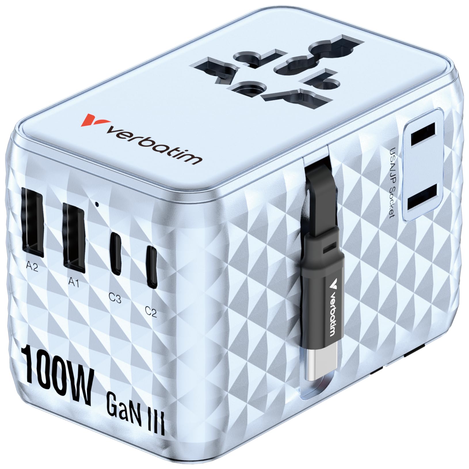 Verbatim GaN adapter podróżny 100 W, niebieski, adapter do gniazdka z wbudowanym kablem i 2 x USB-C, 2 x USB-A, 2 x złącze USA/JP, uniwersalna ładowarka do szybkiego ładowania laptopa, smartfona i