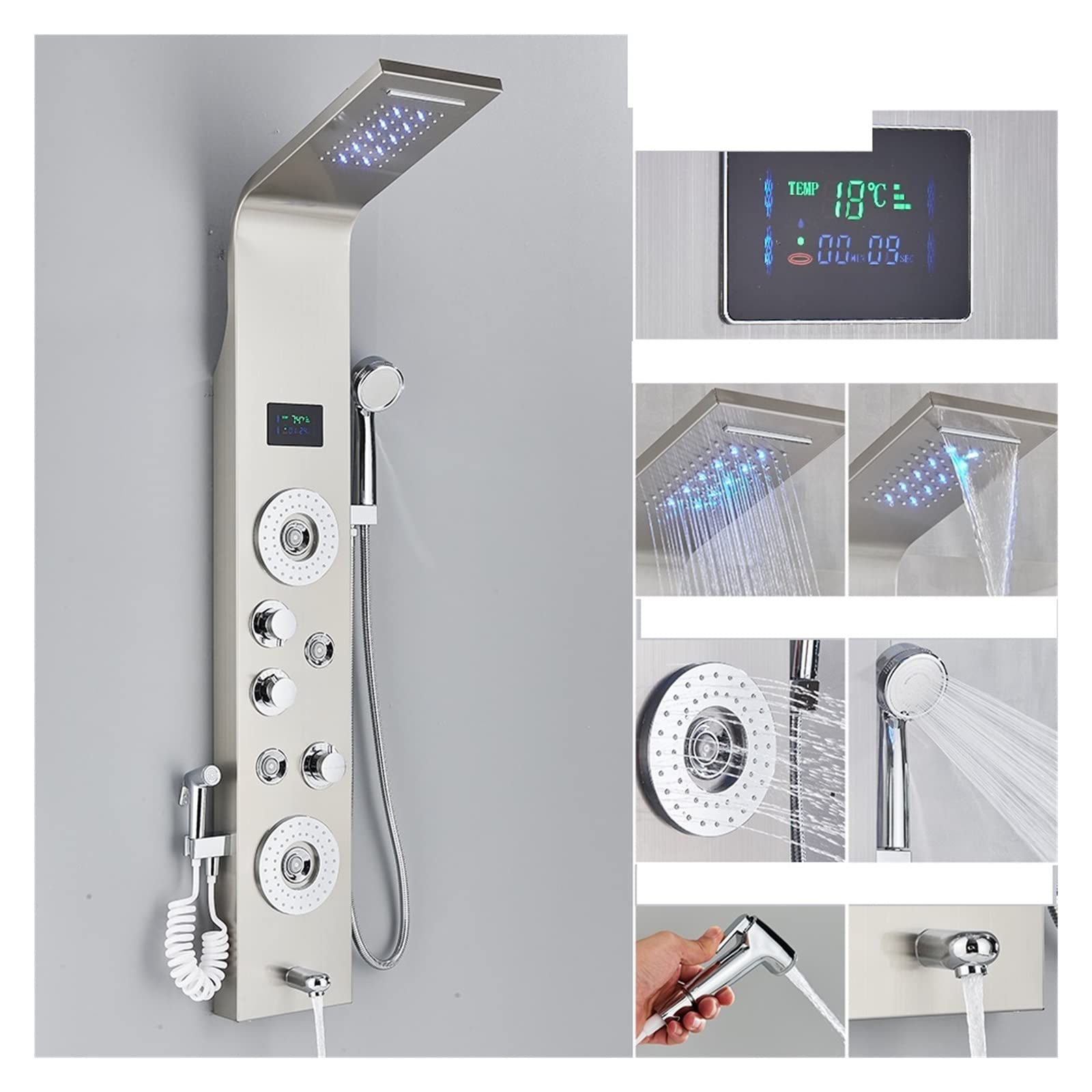 Soywim Brushed Nickel 8006A Shower System, Led Black Shower Faucet Bathroom Spa Massage Jet Column System Waterfall Rain Panel Bidet Sprayer Tap(Brushed Nickel 8006A)