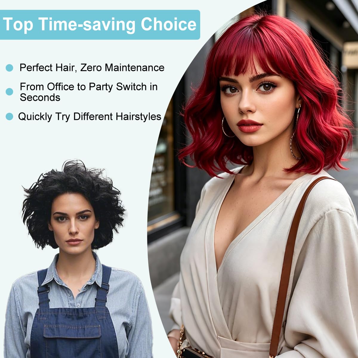 Curly Bob Wigs for Women Short Wavy Wine Red Wig with Bangs Natural Looking Synthetic Wigs for Daily Party Cosplay Use 14 Inch