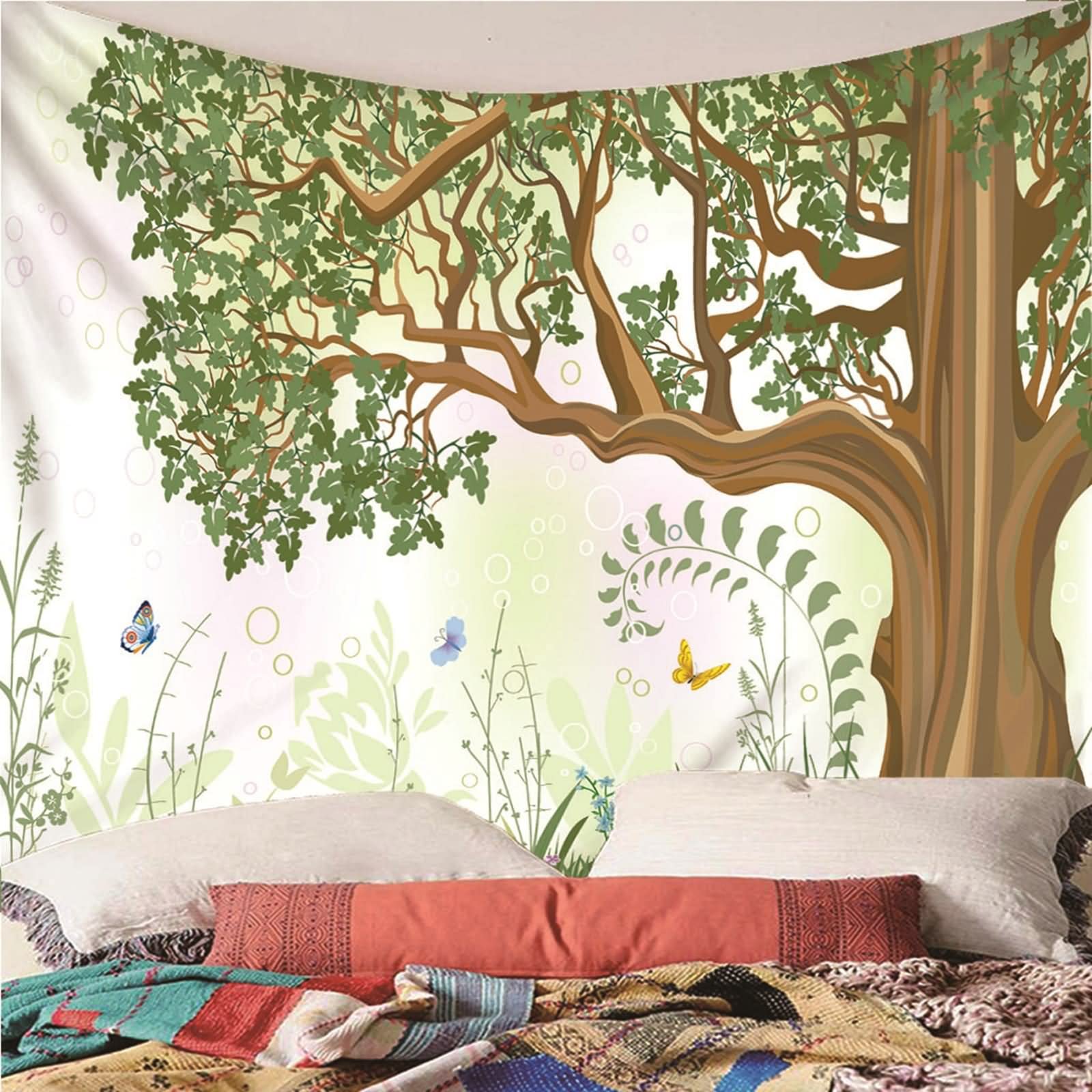 Tapiz Decorativo, Decoración Terraza Pared Árbol y Mariposa Poliéster Verde Marrón 300x260CM Regalo Mujer