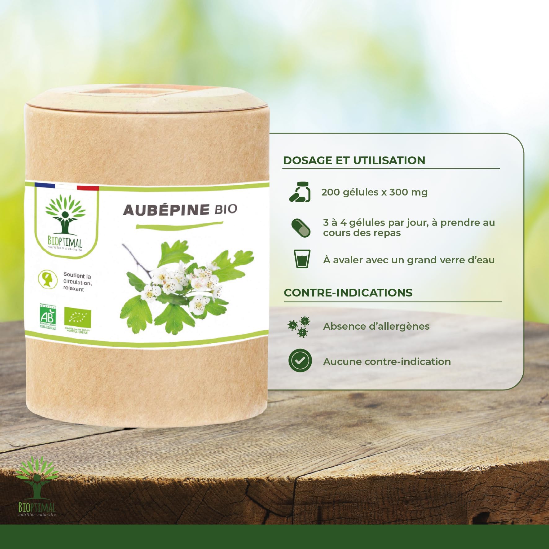 Aubépine bio - Bioptimal - Complément alimentaire - Sommeil Anti-Stress Anxiété - 100% Sommité Fleurie en Poudre Pure - 300mg par Gélule - Fabriqué en France - Certifié par Ecocert - 200 gélules