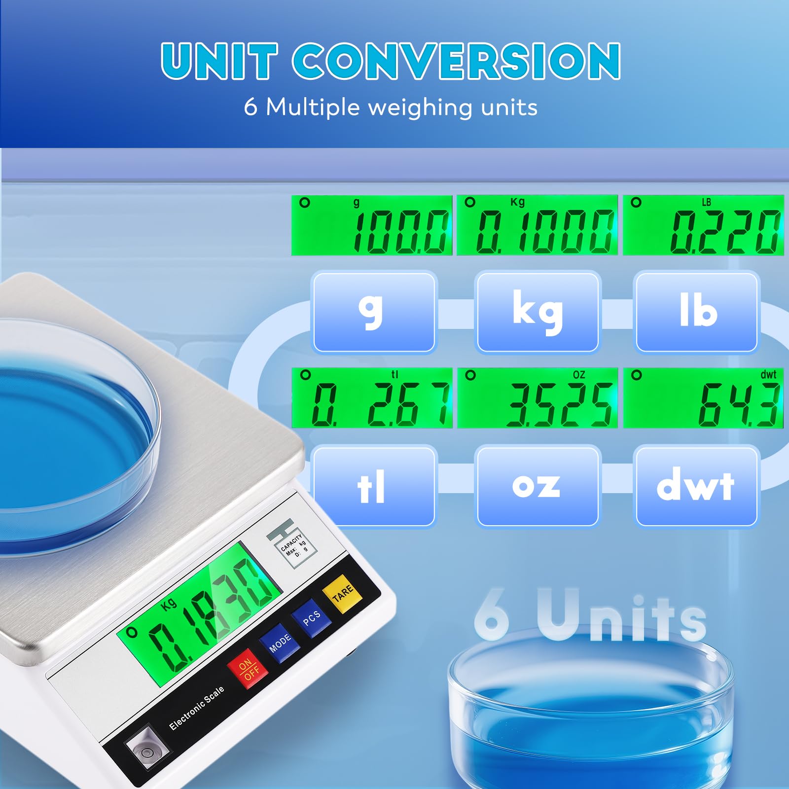 CGOLDENWALL Balanza Analítica Científica de Alta Precisión de 0.1g Digital Electrónica Báscula de de Laboratorio Inteligente Industrial con Función de conteo y Tara Ideal para Lab Joyería(6kg, 0.1g)