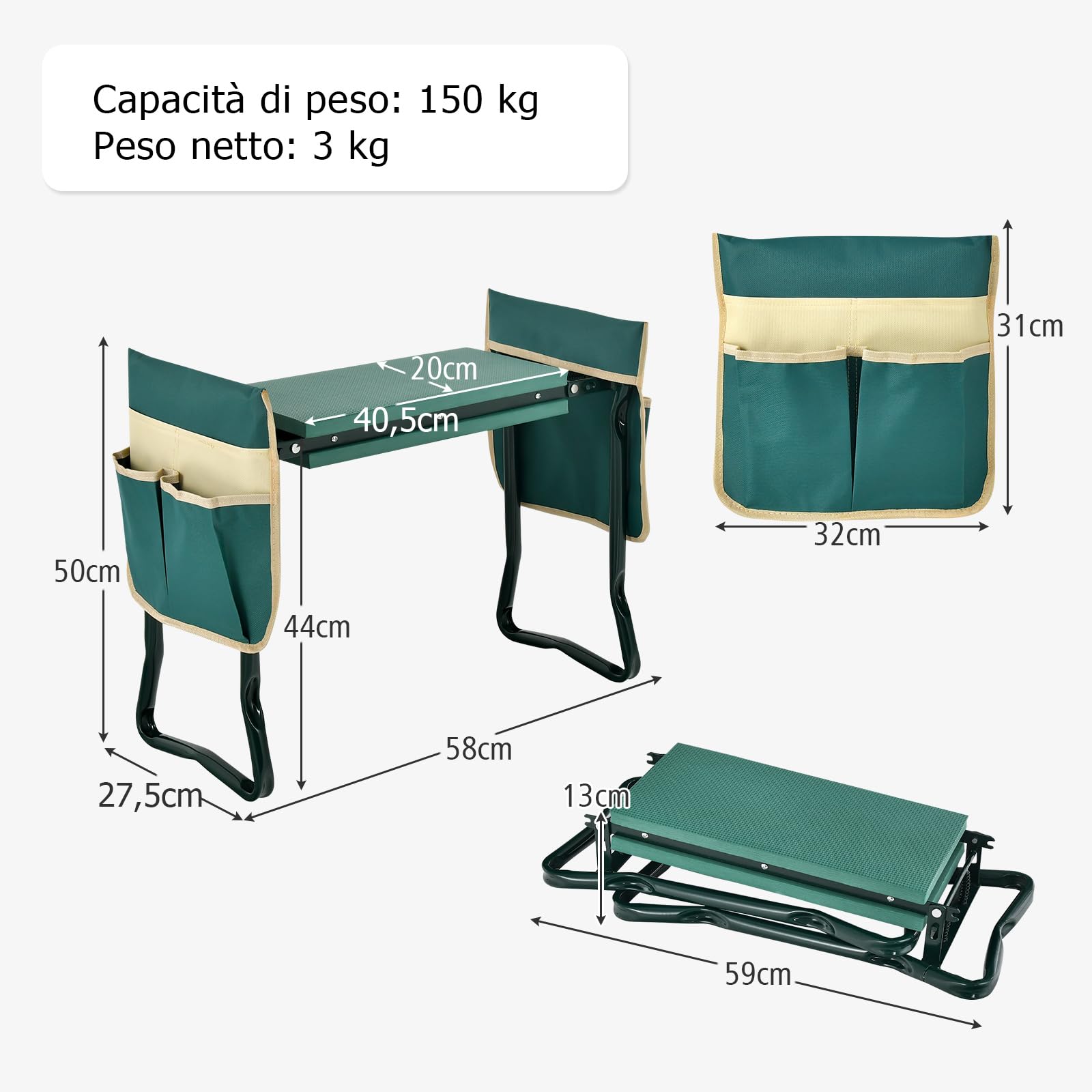 RELAX4LIFE Inginocchiatoio e Sedile da Giardino, Sedile per Giardinaggio Pieghevole e Portatile con 2 Tasche Rimovibili Sedile in Schiuma EVA e Telaio Metallico, Fino a 150KG (2 Tasche)