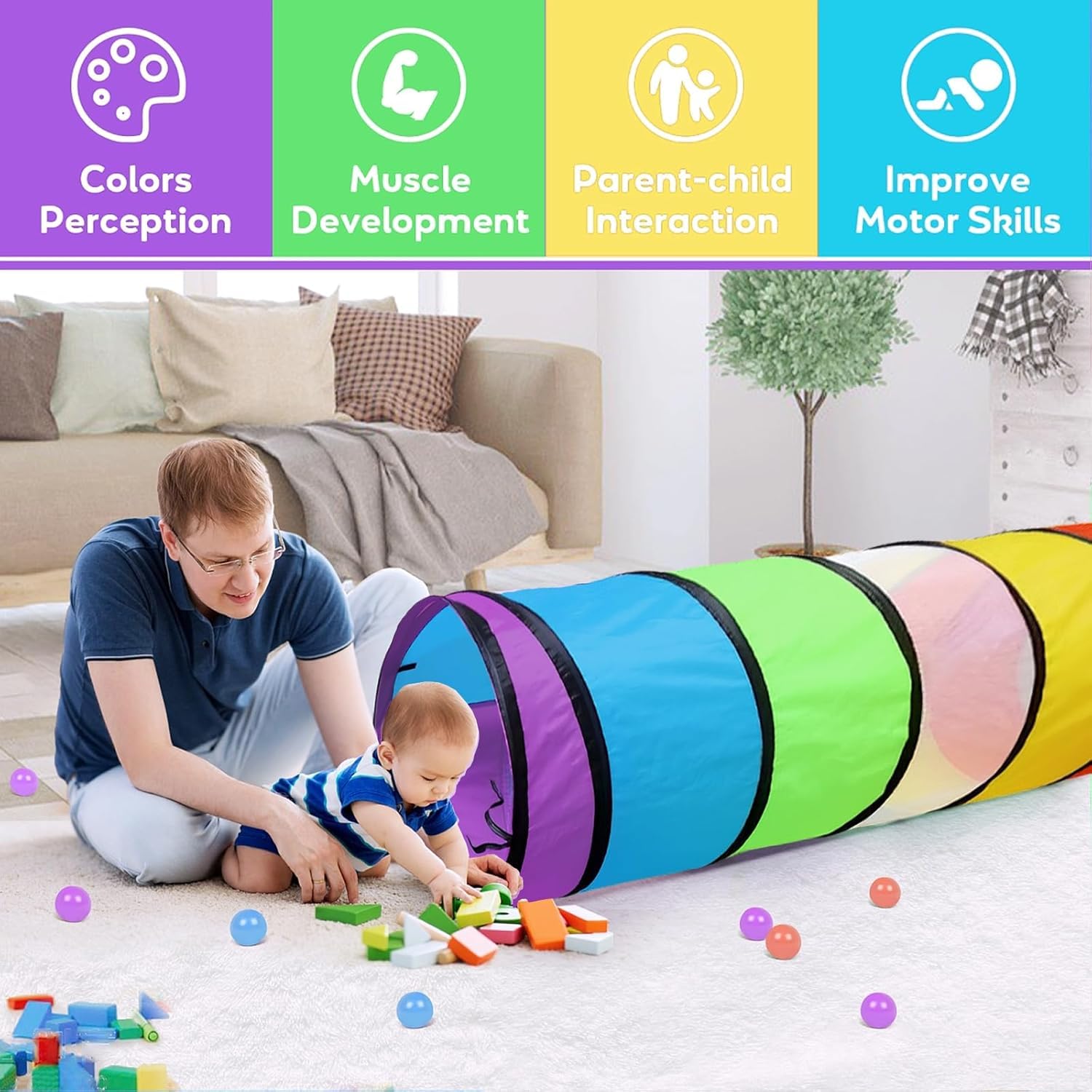 Tunnel Per Bambini 180cm - Tenda Gioco Pieghevole, Interni/Esterni, Arcobaleno