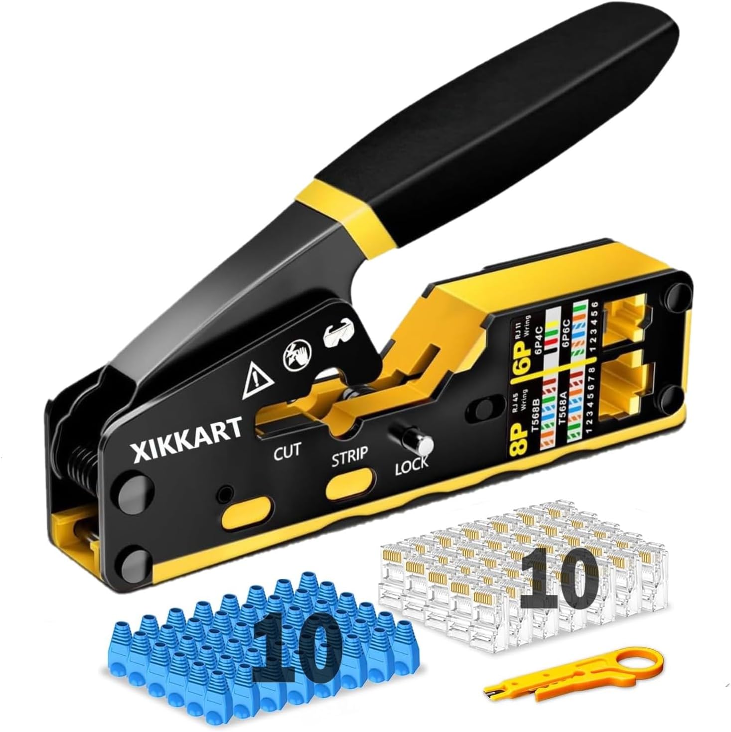 Passthrough CAT7 RJ45 Crimping Tool Kit with Wire Stripper & Cutter, Includes 10Pcs CAT6 Pass-Through RJ45 Connectors and 10Pcs Ethernet Strain Relief Boot Covers for Network Cable Repair