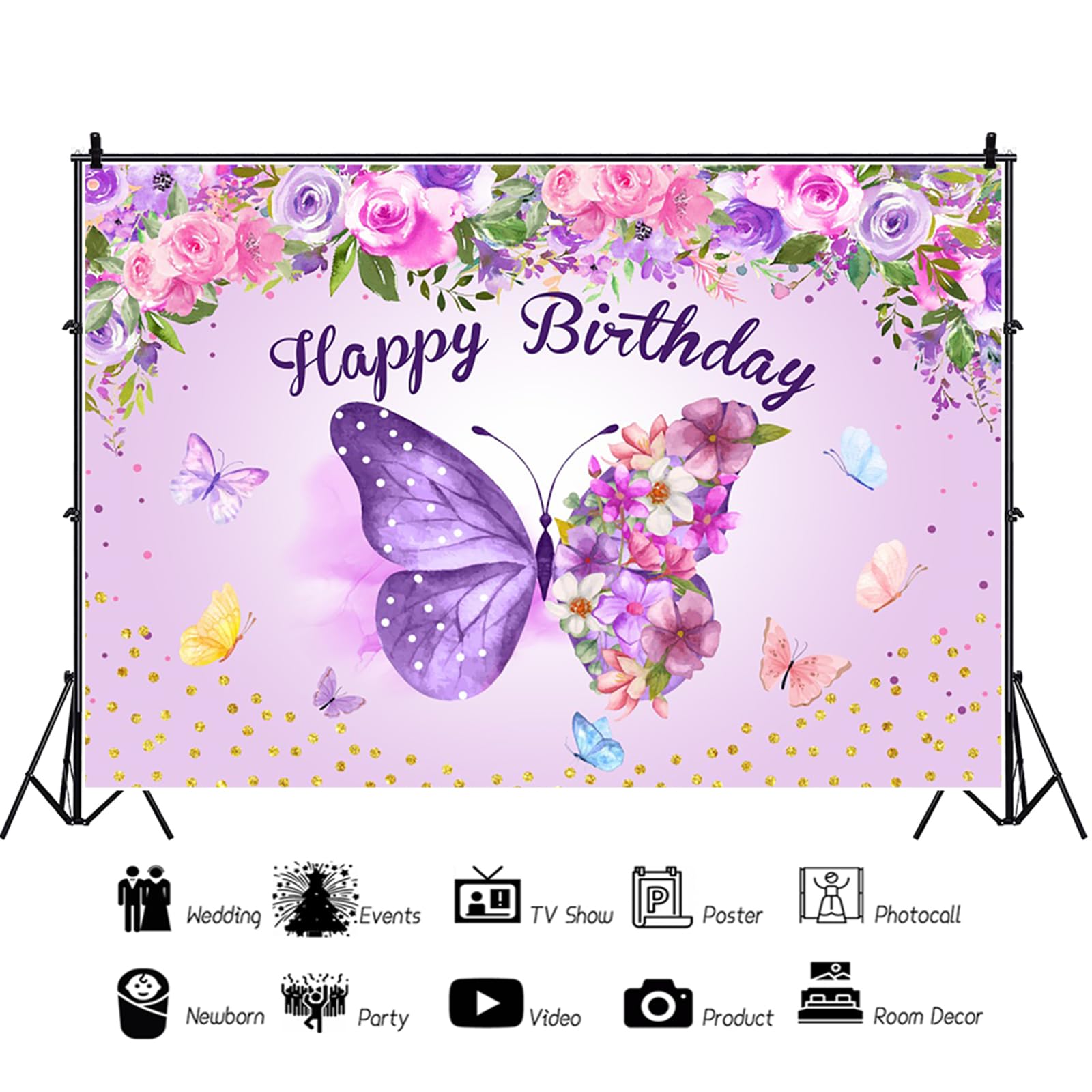2,4 x 1,8 m Farfalla Buon Compleanno Sfondo Viola Farfalla Fiori Fotografia Sfondo per Ragazze Donne Festa di Compleanno Torta Tavolo Banner Decorazioni Forniture Photo Booth Puntelli