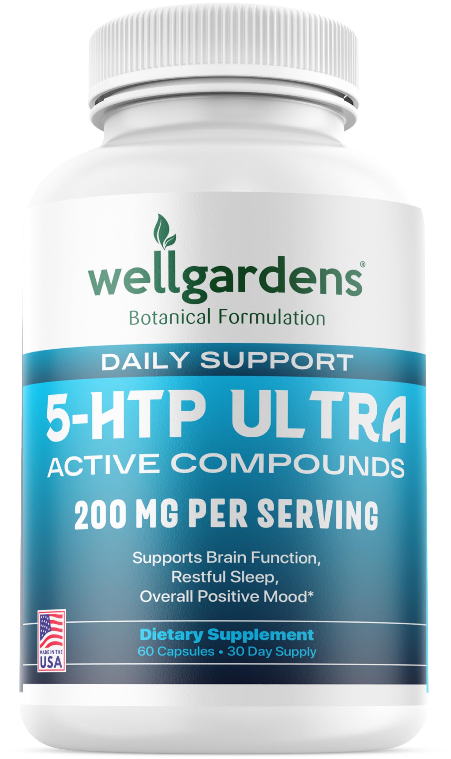 100% Pure 200 MG 5-HTP Ultra for Healthy Sleep and Sense of Wellbeing - Support Mood, Stress, Sleep - 5HTP Supplement with Calcium - 60 5HTP 200mg Capsules, 30 Servings