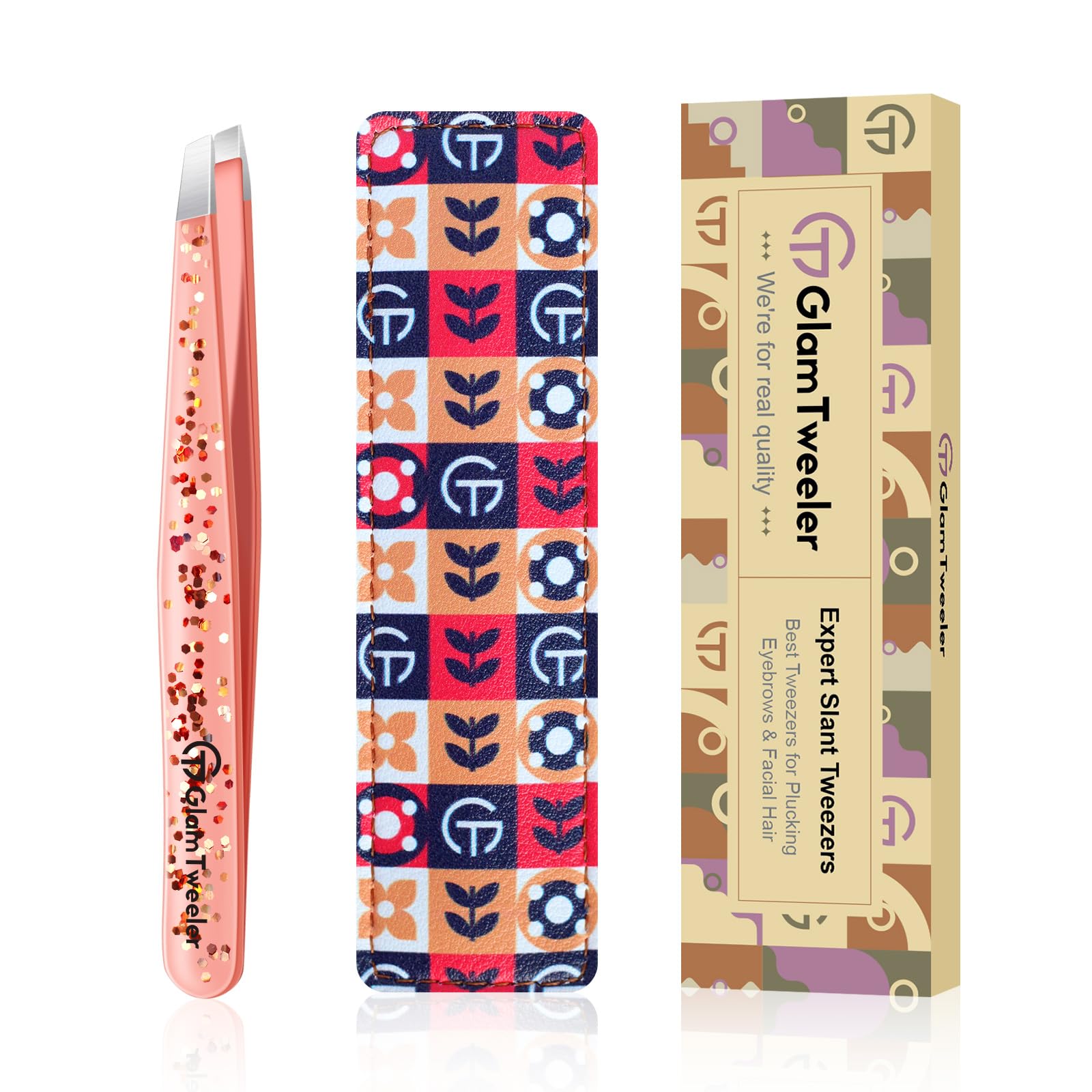 Expert Slant Tip Tweezers with Leather Case, GlamTweeler Sharp & Precision Stainless Steel Tweezer for Eyebrows, Facial Hair and Fine Hairs Removal (Glitter Rose Gold)