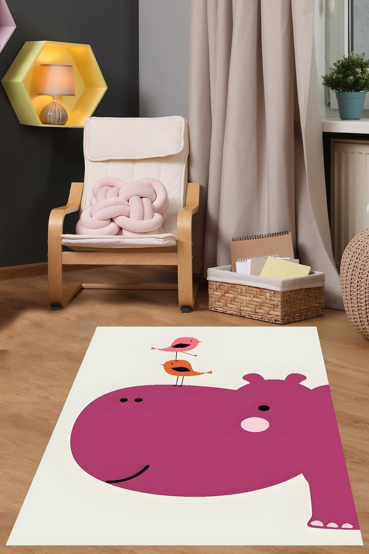 Pelangi Beyaz Zemin Hipopotam Modern Yıkanabilir Kaymaz Taban Leke Tutmaz Çocuk Odası Halısı, Fuşya-Turuncu-Pembe-Beyaz 100 x 200, 7642014910020005