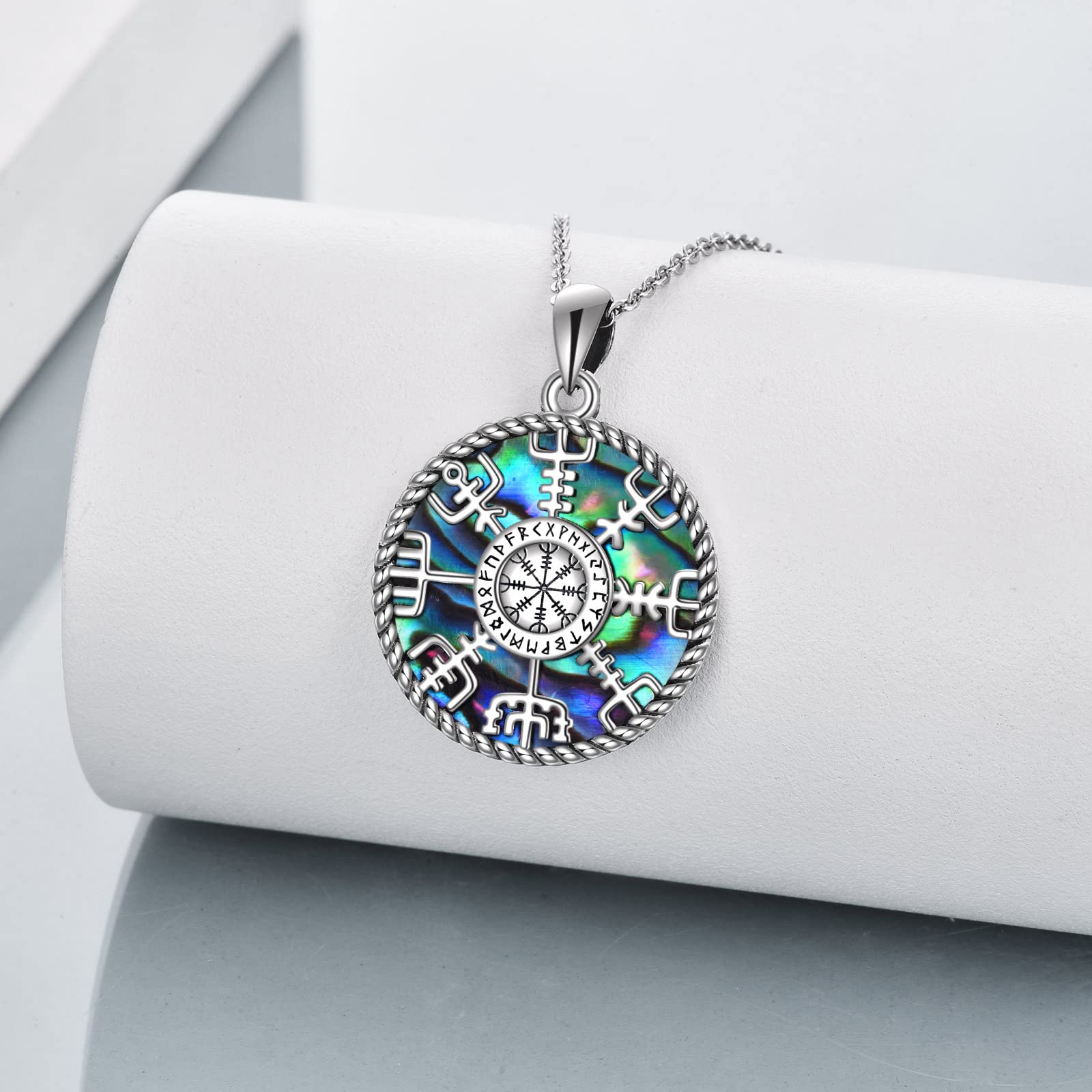 Wikinger Kompass Halskette Sterlingsilber Runen Vegvisir Anhänger Halskette Abalone Muschel Nordic Amulett Schmuck Geschenke für Frauen