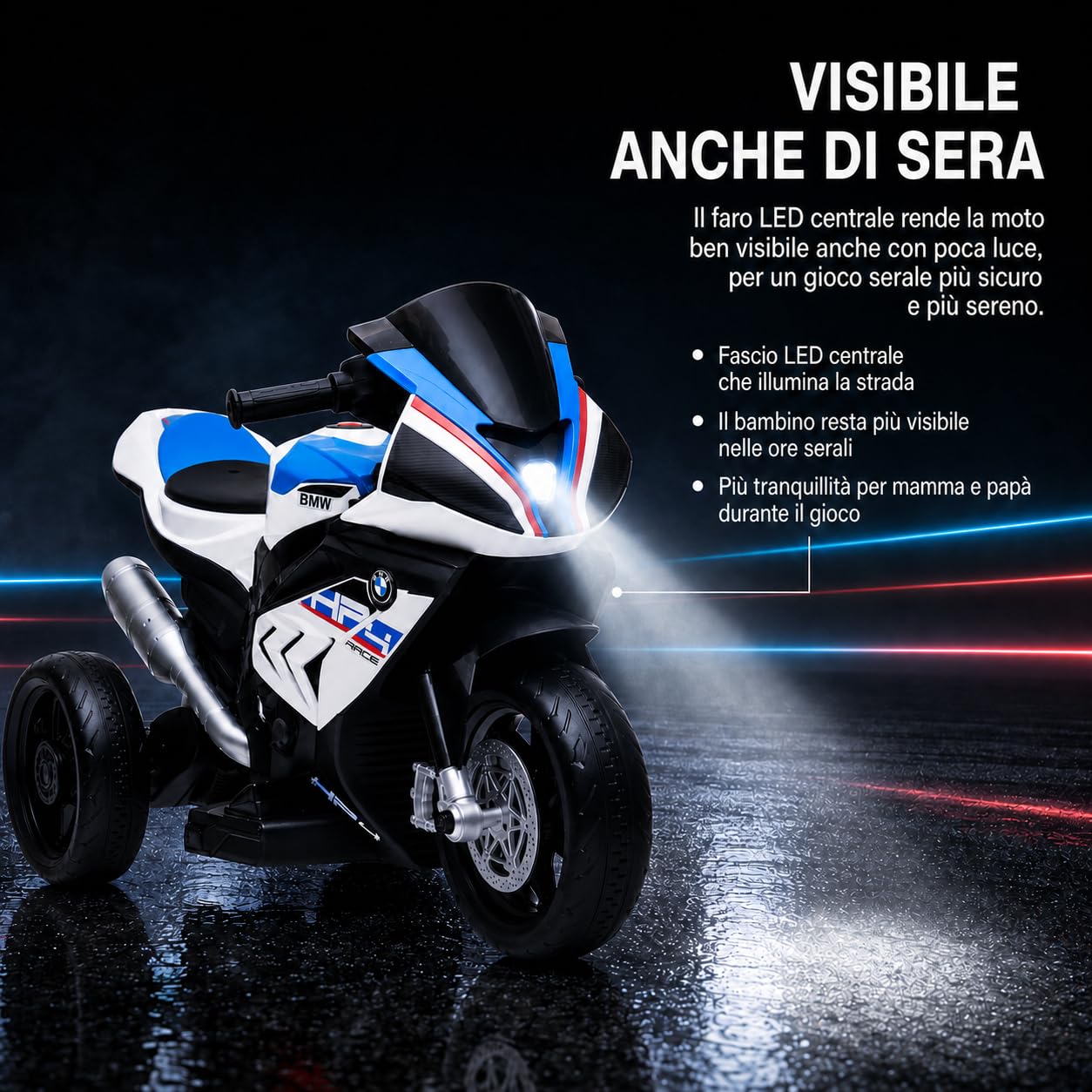TOYSCAR Moto Elettrica per Bambini 12V BMW HP4 Race con Licenza Ufficiale, 3 Ruote, Sedile in Pelle, Luci LED, Musica, USB e AUX, Batteria Ricaricabile, 18-60 Mesi (Bianco)