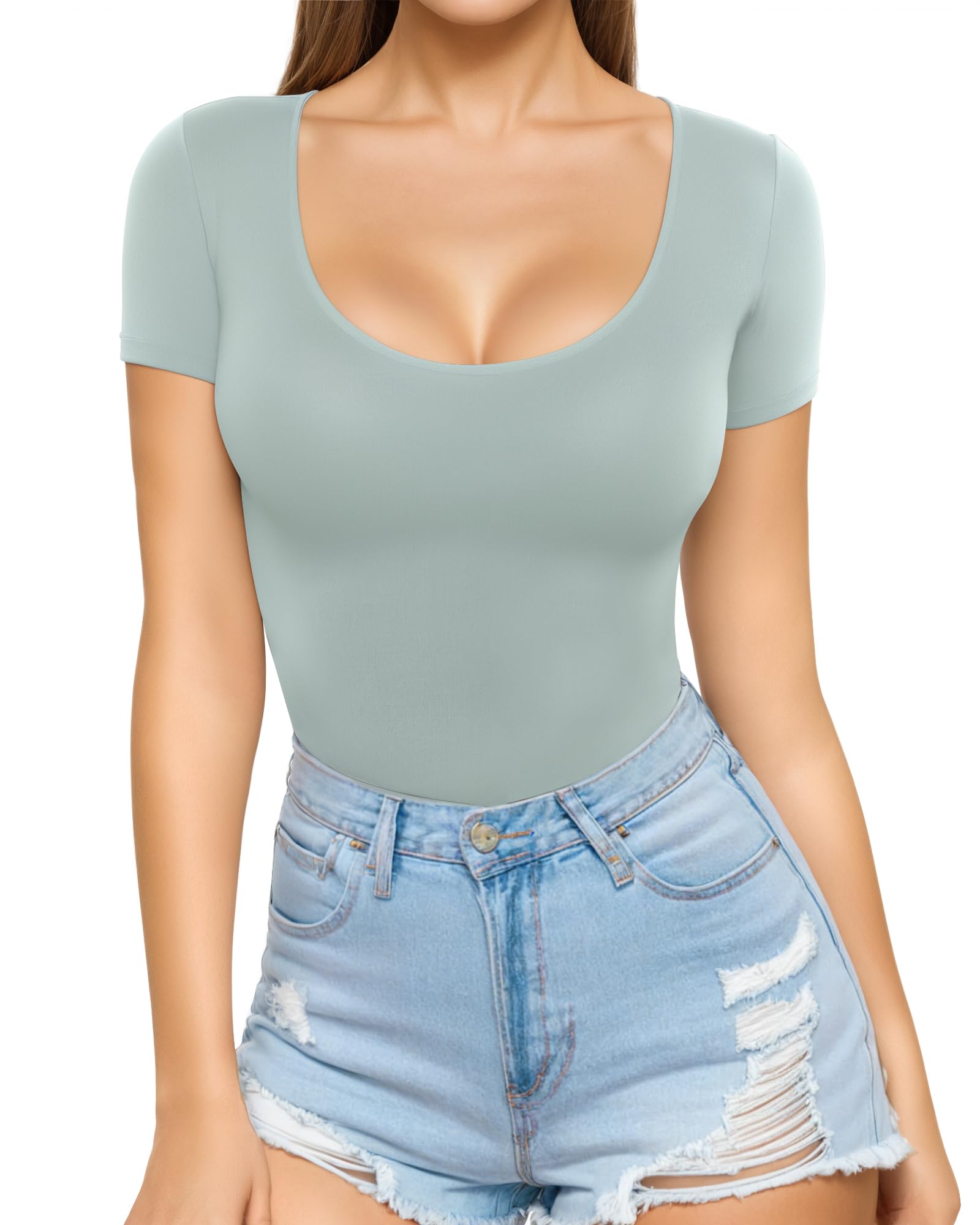 MANGOPOP Womens Scoop Neck Short Sleeve Long Sleeve Slim Fit T Shirt Tunic Tops Tee