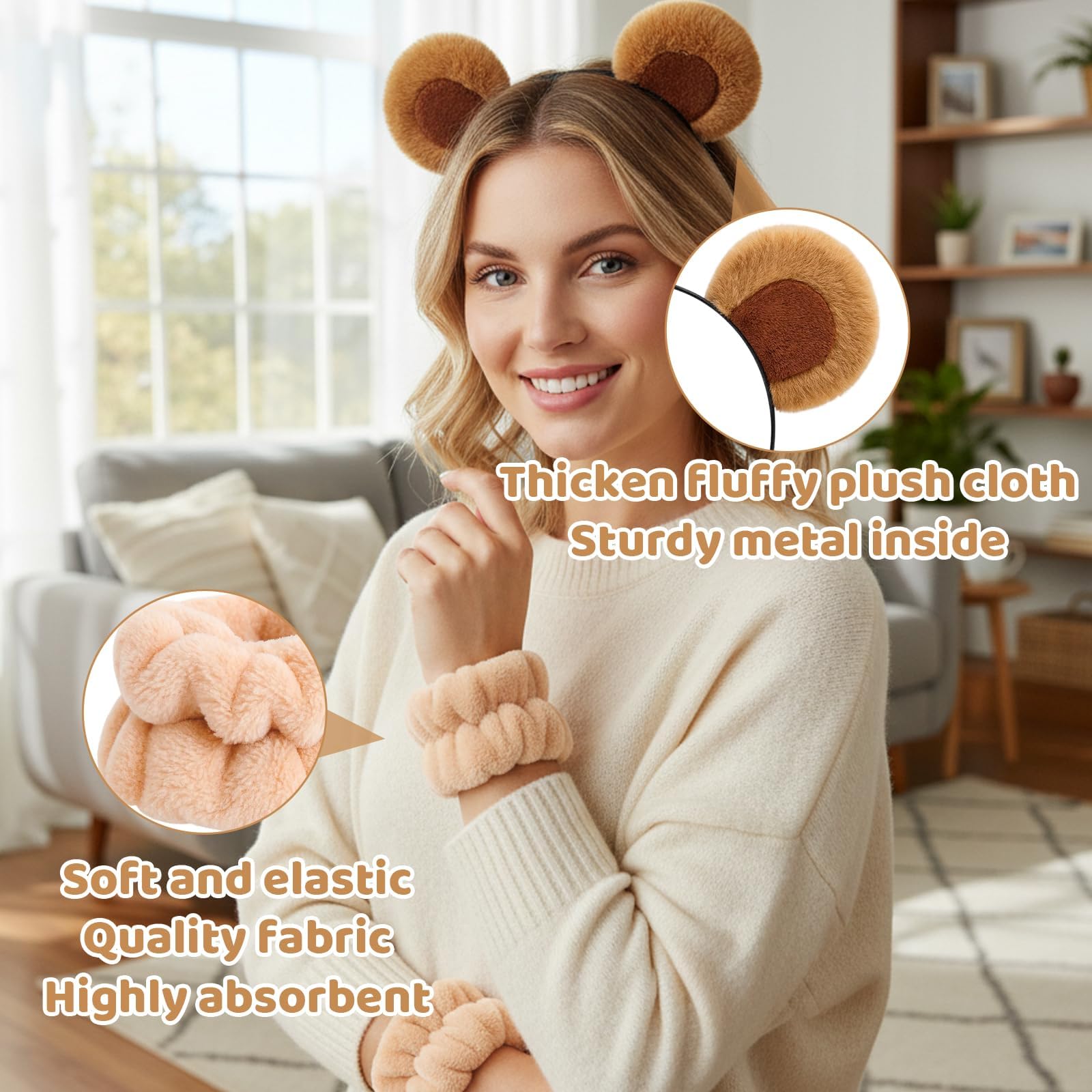 3 Piece Bear Ears Headband Set, Complete Bear Costume with Adjustable Headband and Wristbands - Image 3