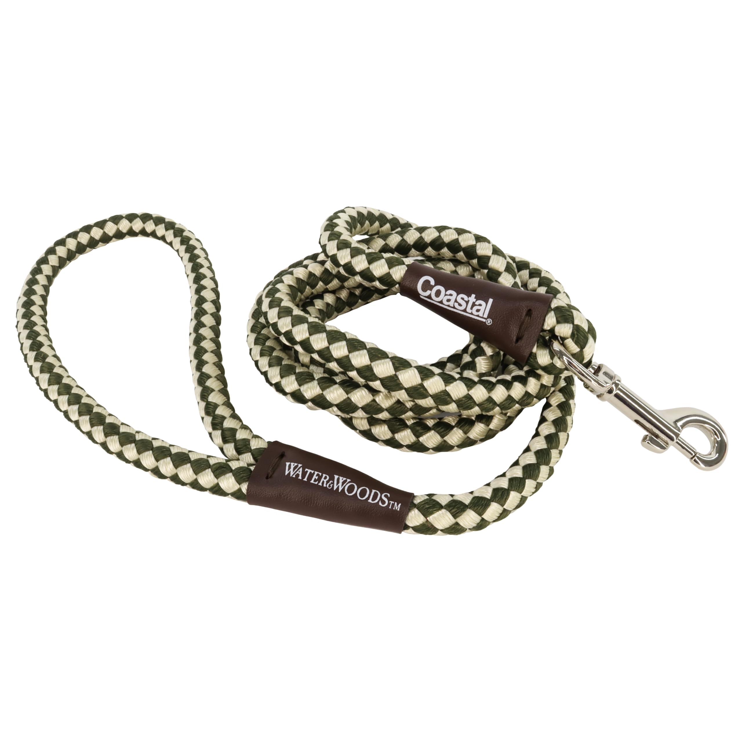 Water & Woods Braided Rope Snap Dog Leash by Coastal Pet - Durable Leash for Dog - Comfortable Pet Leash - Classic Swivel Snap for Tangle-Free Walks - Green & White, 1/2" x 6'