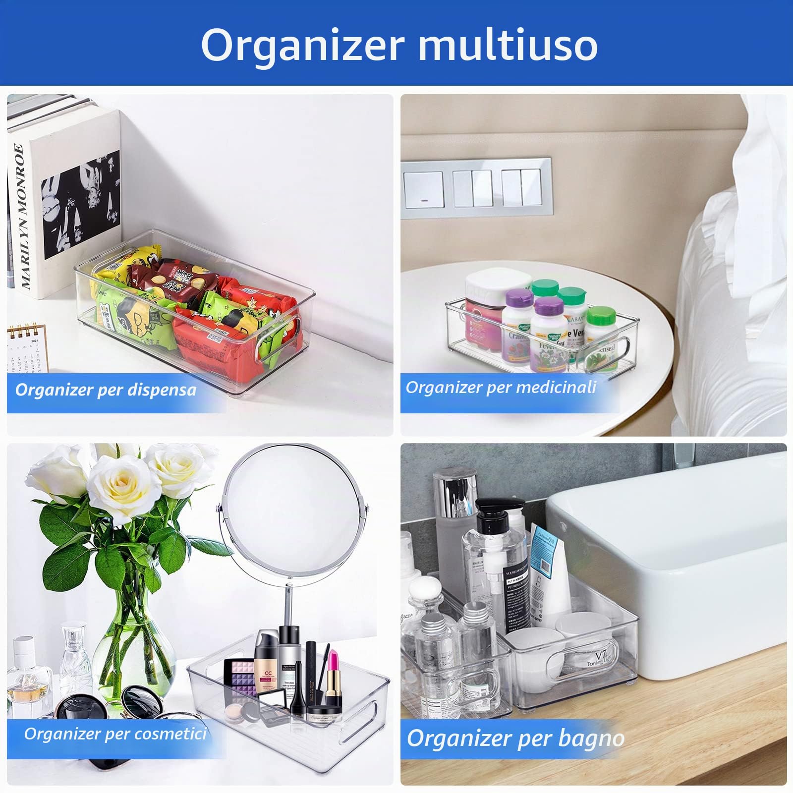 Organizer Frigorifero, Contenitori Frigo Trasparente, Contenitori Frigorifero Salvaspazio Organizer Cucina Dispensa per Frigo Cucina Dispensa Armadietti, Senza BPA (6 Pezzi)