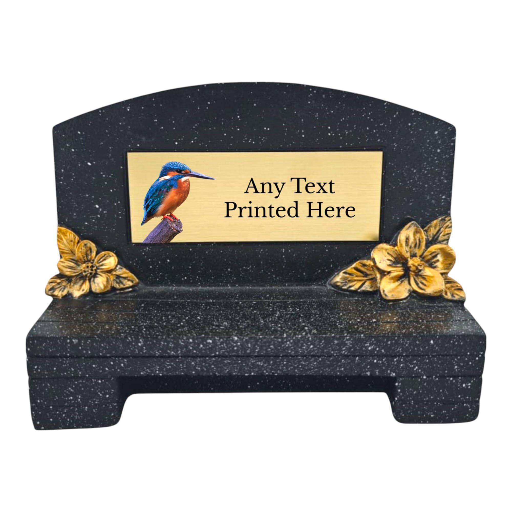 Personalised Printed Black Memorial Bench With Plaque Gold Flowers Grave Marker Various Designs Available Rainbow Robin Owl Kingfisher Cross (UV PRINTED) (Gold Plate / Black Text, Kingfisher)