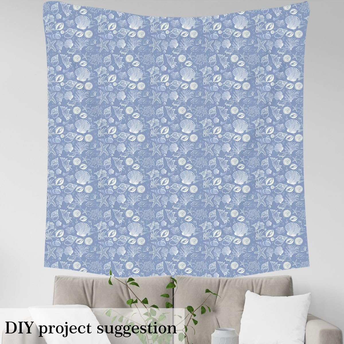 Seashell Fabric By The Yard, Coral Starfish Upholstery Fabric, Ocean Animal Snail Decorative Fabric, Underwater World Oasis Indoor Outdoor Fabric, DIY Art Waterproof Fabric, Blue White, 5 Yards