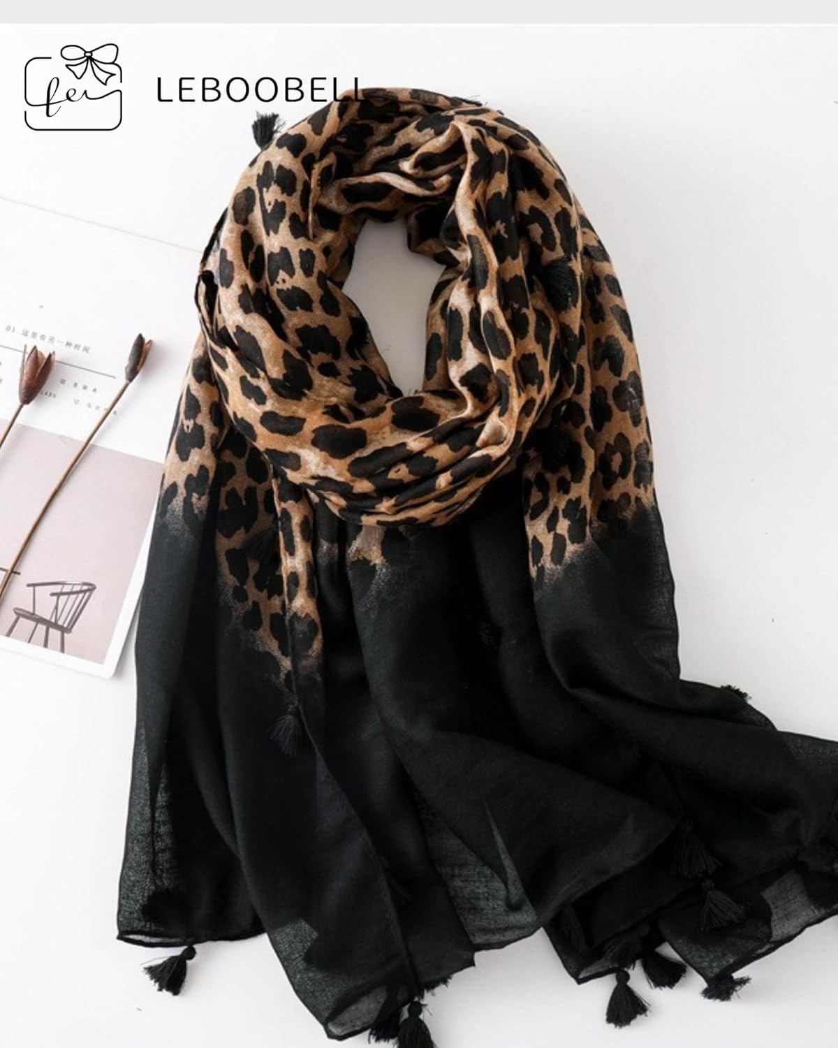 Womens Leopard Printed Scarf Lightweight Scarves Fall Winter Fashion Fringed Shawl - Image 2