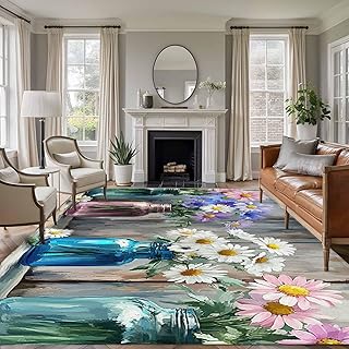 Indoor Area Rugs, Rustic Flower Vase Retro Wood Non-Slip Rectangle Accent Area Floor Rug for Living Room Bedroom College Dorm, 9x12ft White Pink Purple Daisy Floral