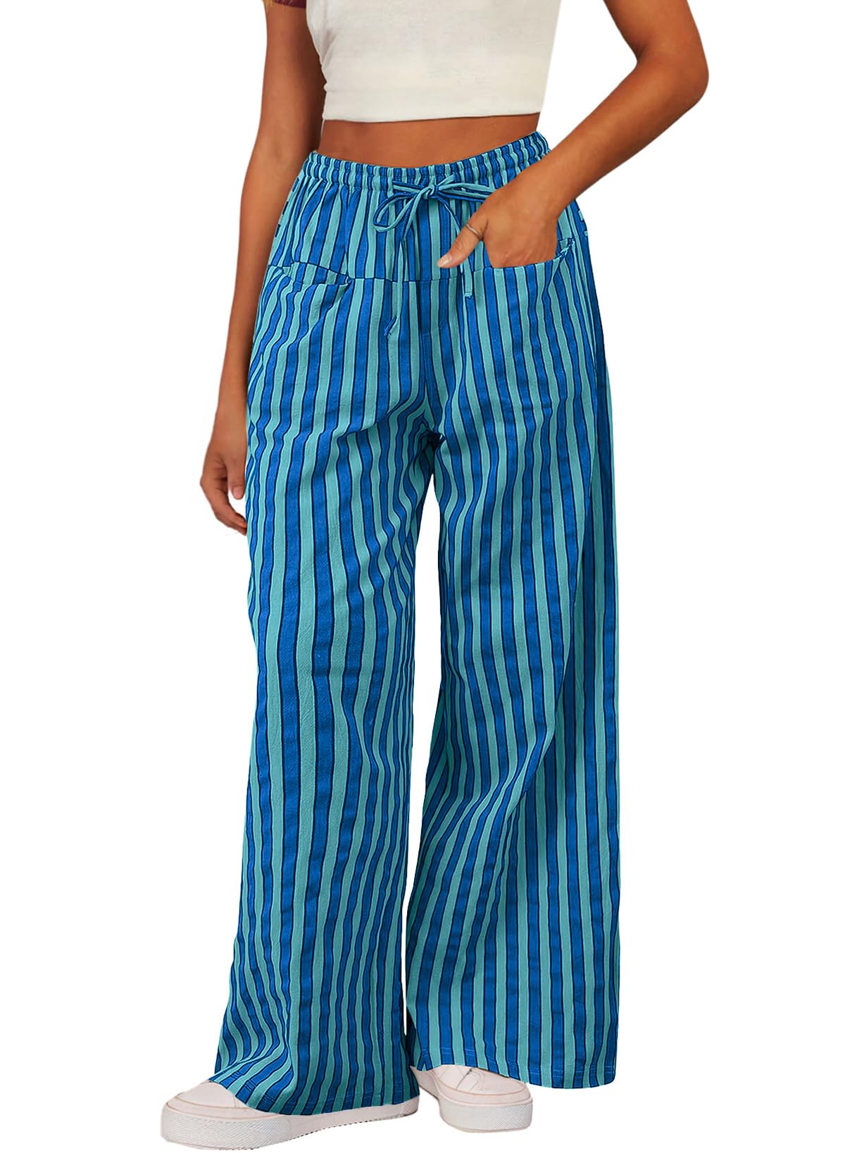 Acelitt Women Casual Drawstring Elastic Waist Loose Wide Leg Striped Pants with Pockets, S-XXL