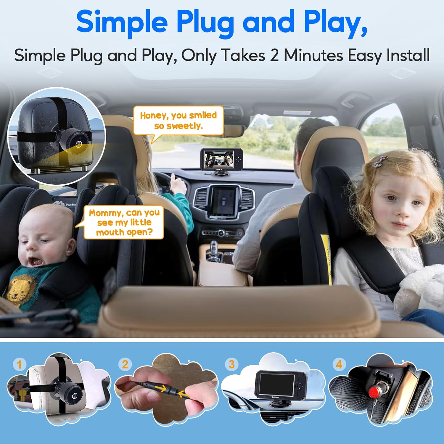 Baby Car Camera for Backseat 1080P - Plug and Play, HD Crystal Night Vision, Easy to Install, 360° Rotation, Wide View Angle, Protect Baby's Eye - Rear Facing Carseat Camera for Newborn, Infant, Kids