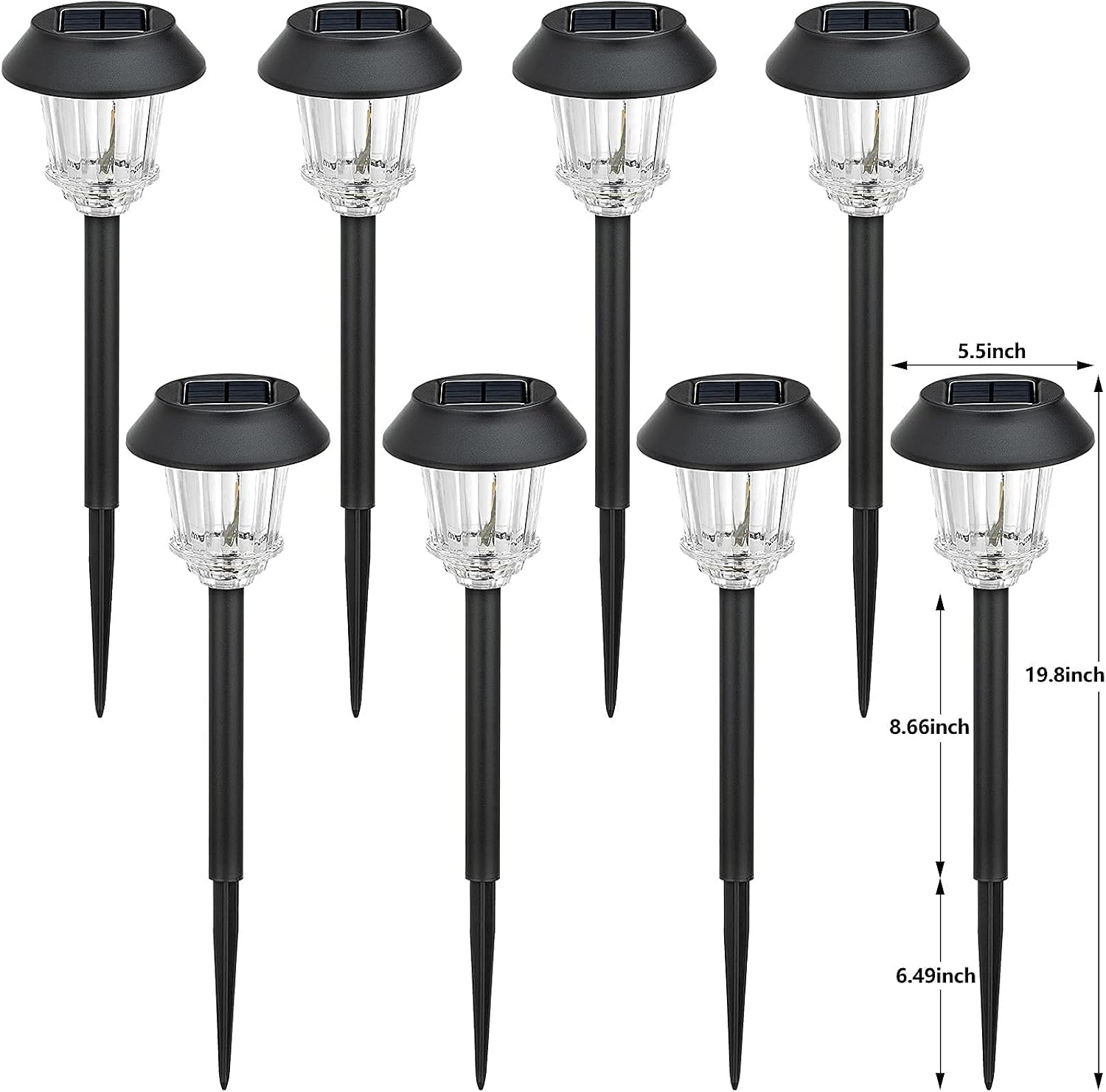 BEAU JARDIN 8 Pack Solar Landscape Lights Bright Pathway Outdoor Garden Stake Glass Stainless Steel Waterproof Auto On/Off White Solar Powered Decorative Lighting for Yard Patio Walkway Black BG319