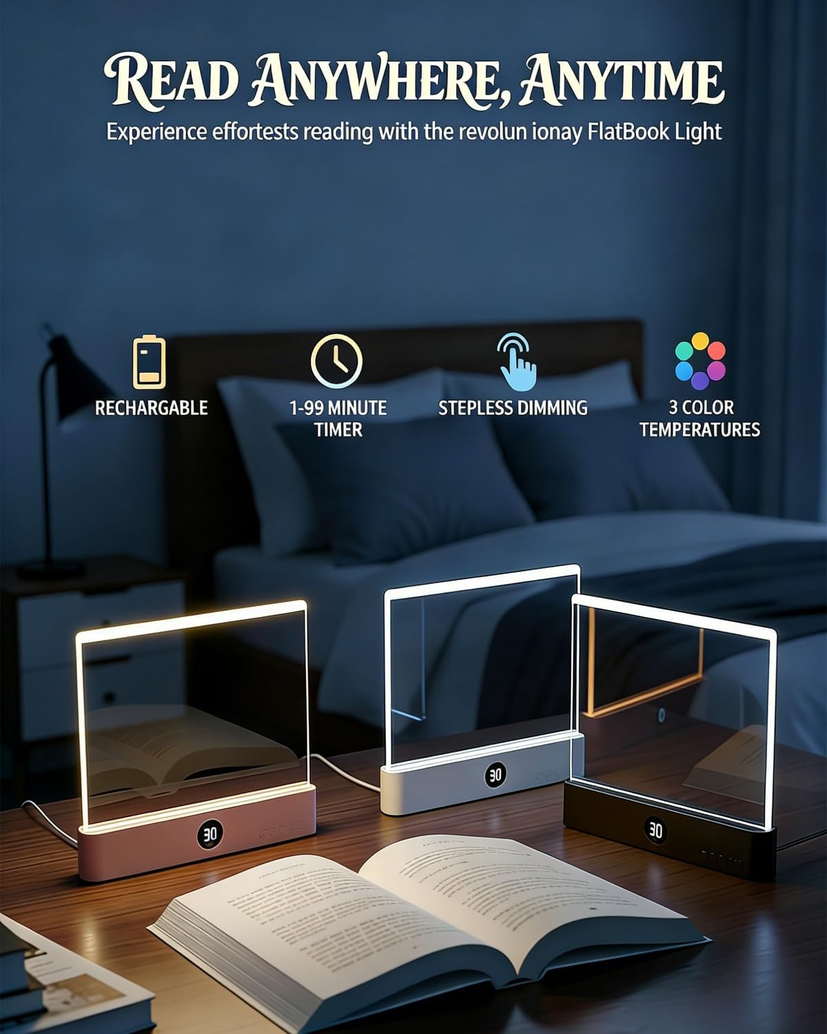 Flat Reading Book Light LED Panel Book Full Page Lamp Rechargeable Smart Glow Bedlight Kids Portable Cute USB Night Lights in Bed at Night Small Books Reader Lighting Illuminator(Black)
