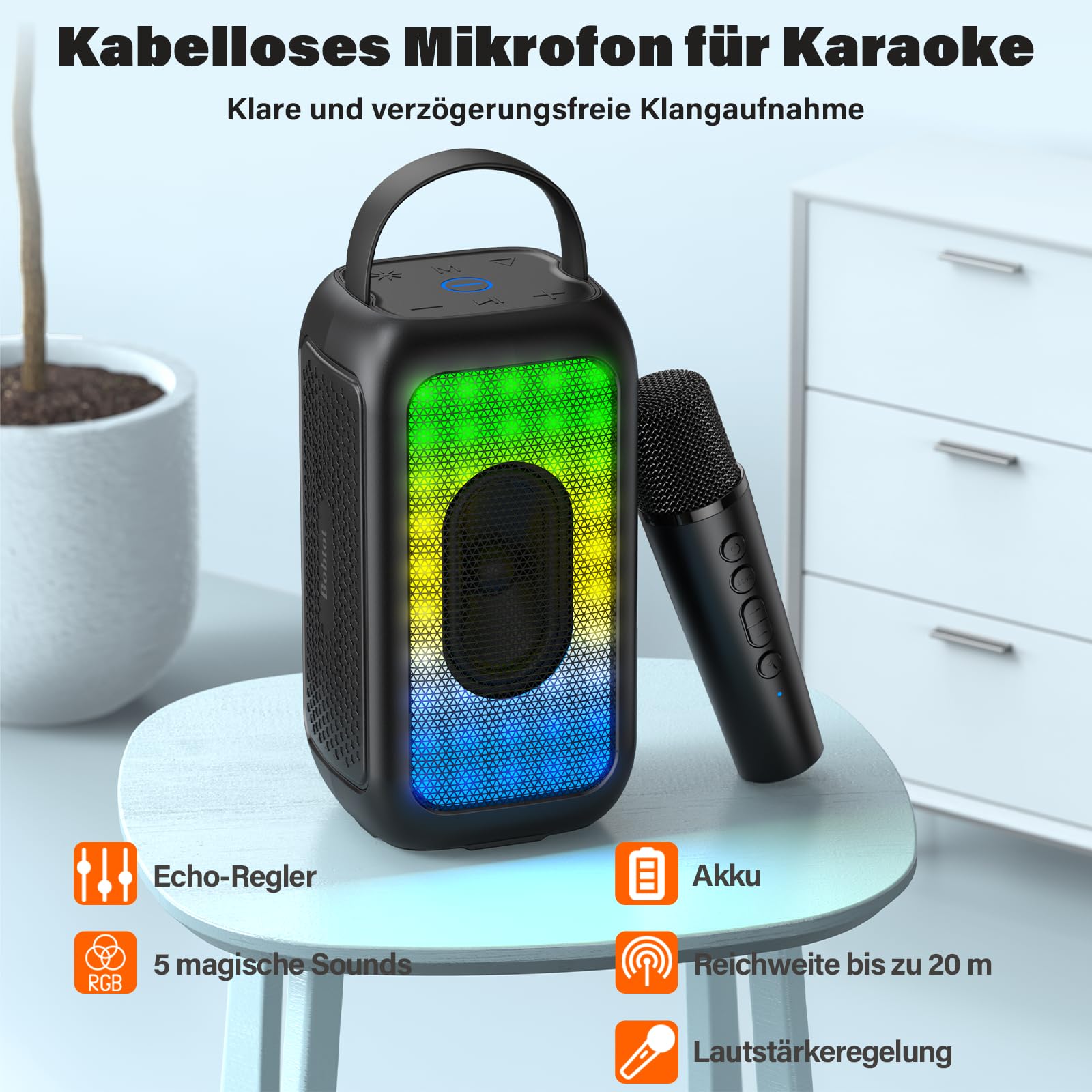 Bobtot Tragbarer Bluetooth Lautsprecher Mit 1 Kabellos Mikrofon, Schwarz | 16 Stunden Wiedergabezeit, Kleiner Karaoke Maschine, Gesangsmaschine