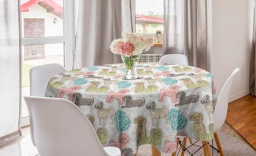 Ambesonne Mantel redondo con diseño de perros de raza pura, Bichon Pug Spitz Dachshund Poodle Shih Tzu, mantel circular para decoración de comedor y