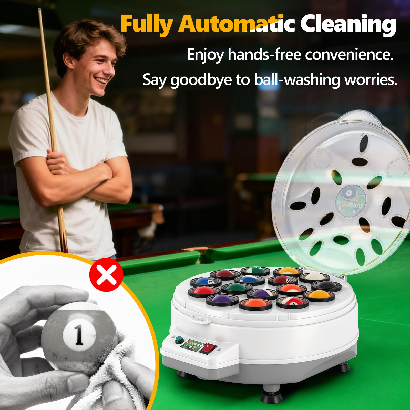 YJINGRUI Automatischer Billardkugel Reiniger,16 Balls Poolball-Reiniger-Poliermaschine, Billardkugel Reinigungsmaschine, mit Schraubenschlüssel und Bürste für 57,2 mm Billardkugeln