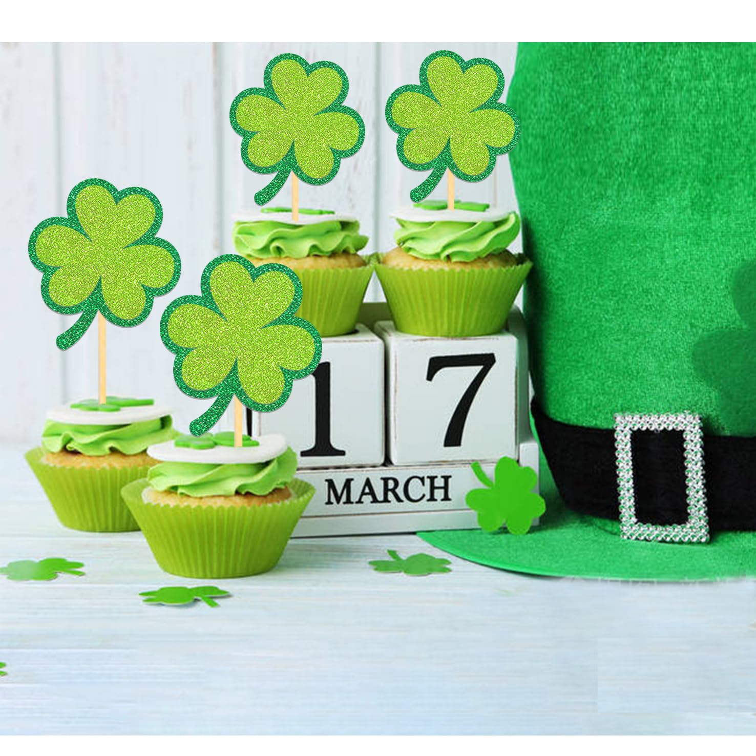 24 Pcs St Patrick's Day Clover Cupcake Toppers - Image 3