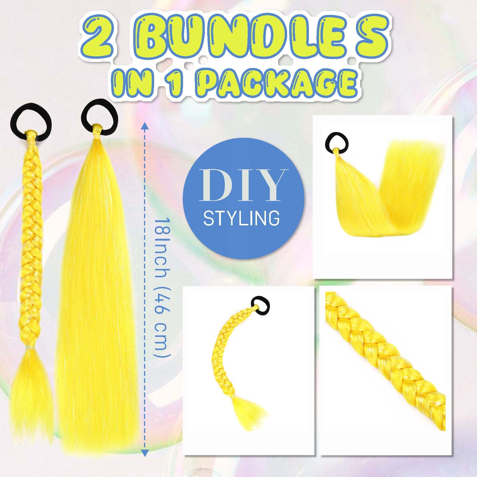 Rainbow Ponytail Extensions with Hair Tie 2 Packs 40g/Pack Coloured Hair Extensions for Braiding 18 inch Colorful Ombre Mermaid Pony Tail Synthetic Hair Extensions for Girl Women SSYellow - Image 4