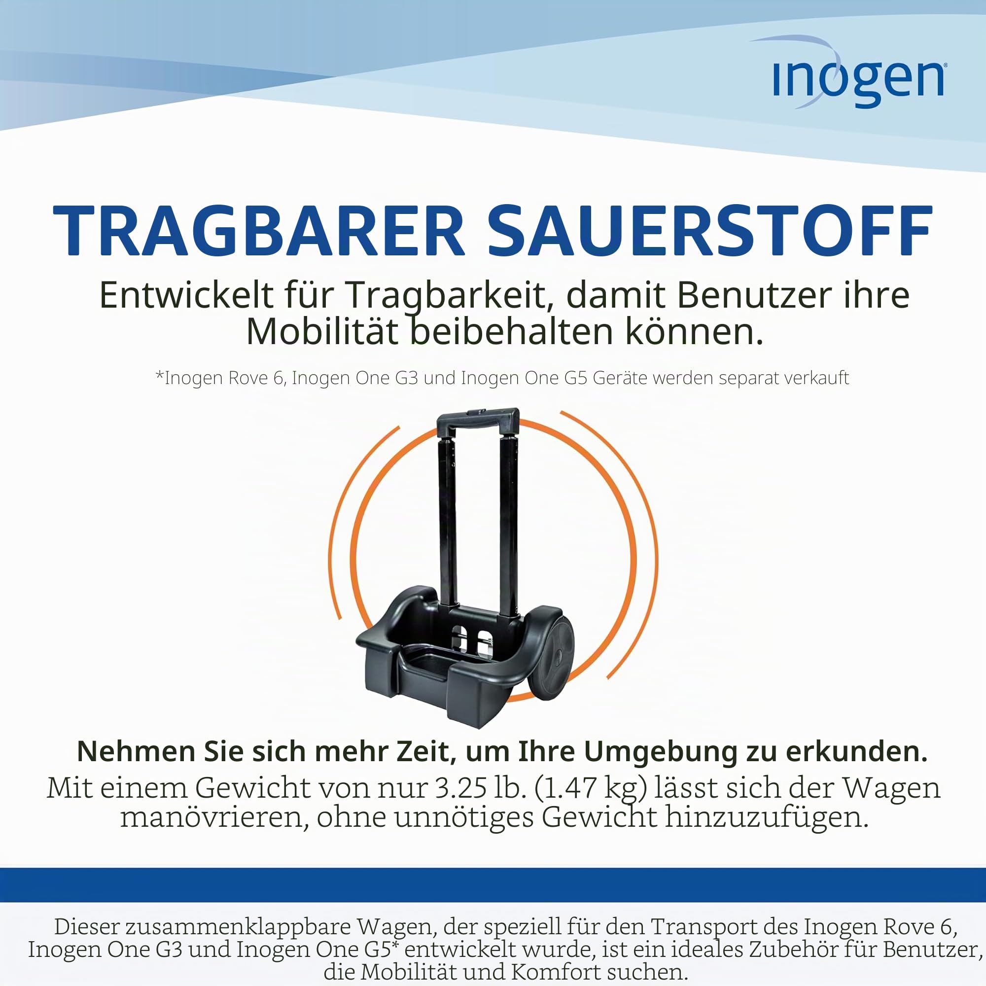 Inogen EIN Wagen – für G3, G5 und Rove 6 – zusammenklappbarer Tragewagen – Sauerstoffzubehör – wiegt 1,5 kg – 104,1 x 44,9 cm