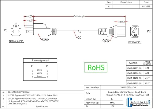 Miniatura 7 de Cable de alimentación para computadoramonitor de 6 pies, C13 hembra a NEMA 5-15P macho enchufe, 3 pines, 16 AWG, SJT, 13 amperios, cable de