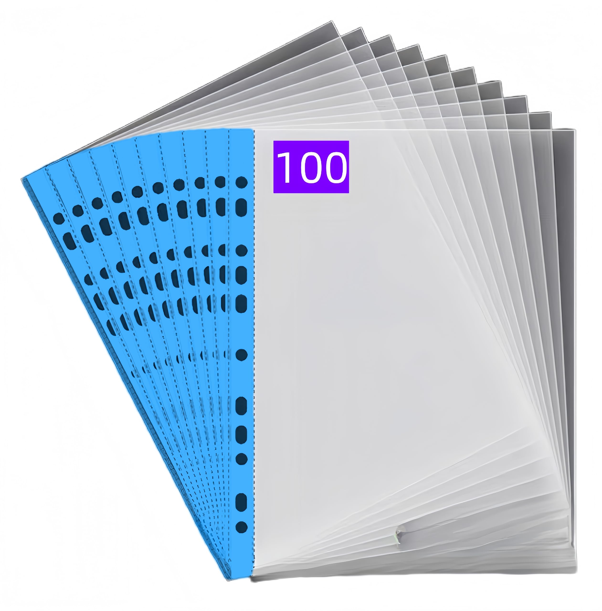 PUTOAHAO 100 Stück Klarsichthüllen A4 Glasklar,DINA4 Prospekthüllen aus PP(0.06 mm,60 My,60µ,60 micron),11 Loch Perforationen Klarsichtfolien A4 für Broschüren,Ordner,Dokumente (Blaue Seite,6C)