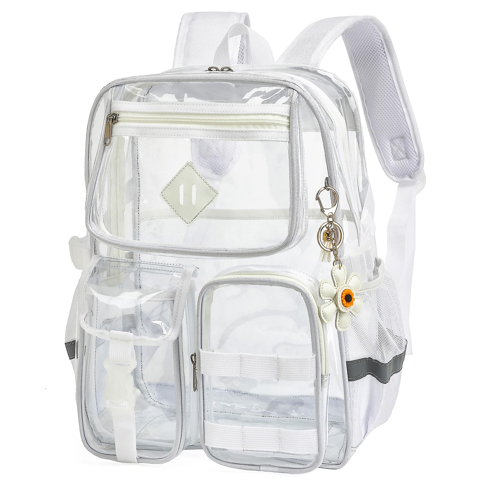 Xunteny Clear Backpack for School, Heavy Duty Transparent Bookbag for Girls Women with Sunflower Keychain